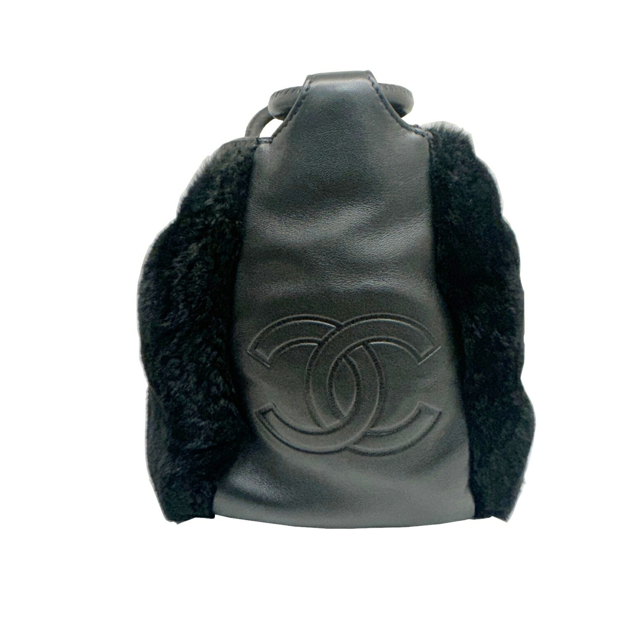 CHANEL Coco Mark Shoulder Bag Rabbit Fur Leather Black 9th Series