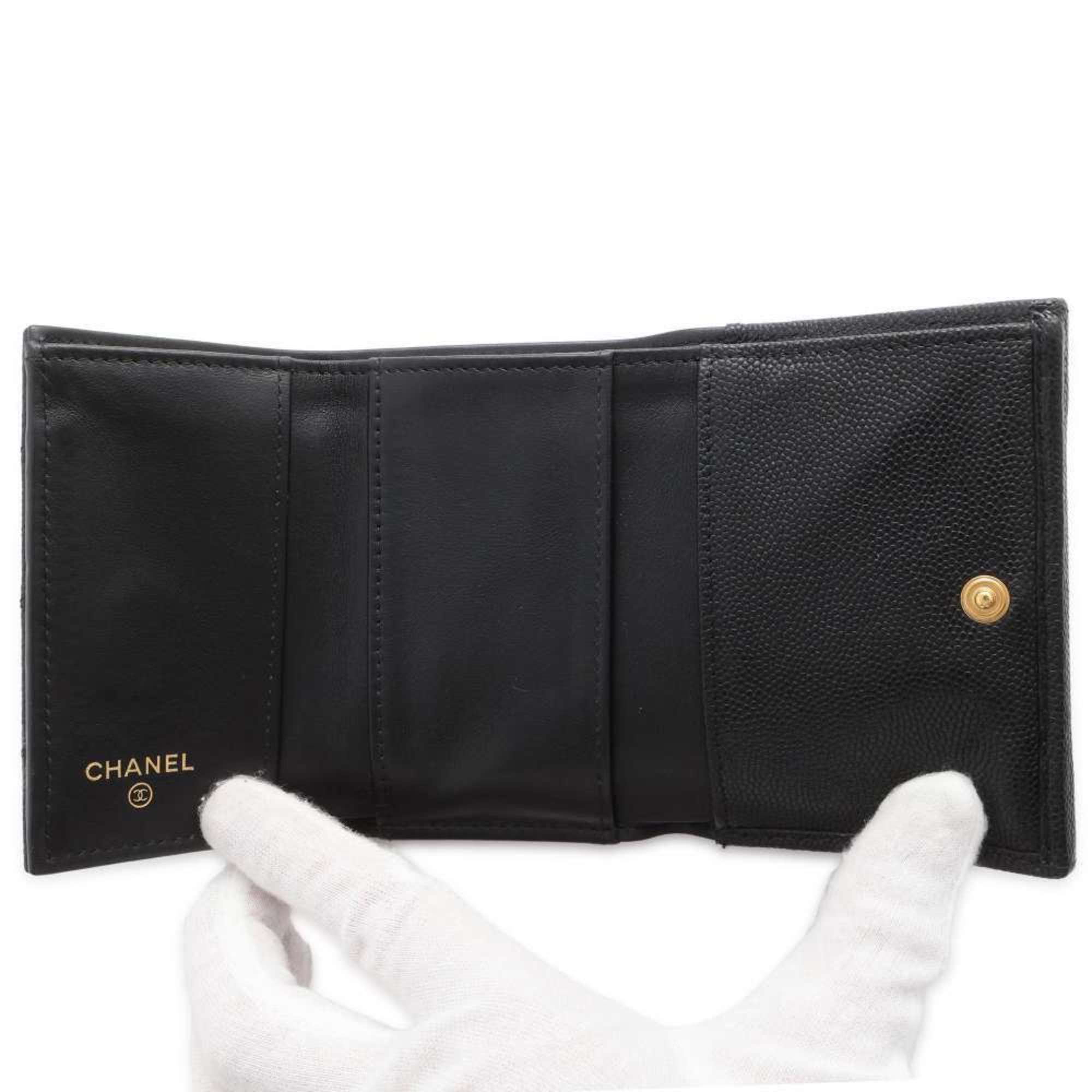 Chanel Tri-fold Wallet Matelasse Small Flap Caviar Skin AP3081 Black