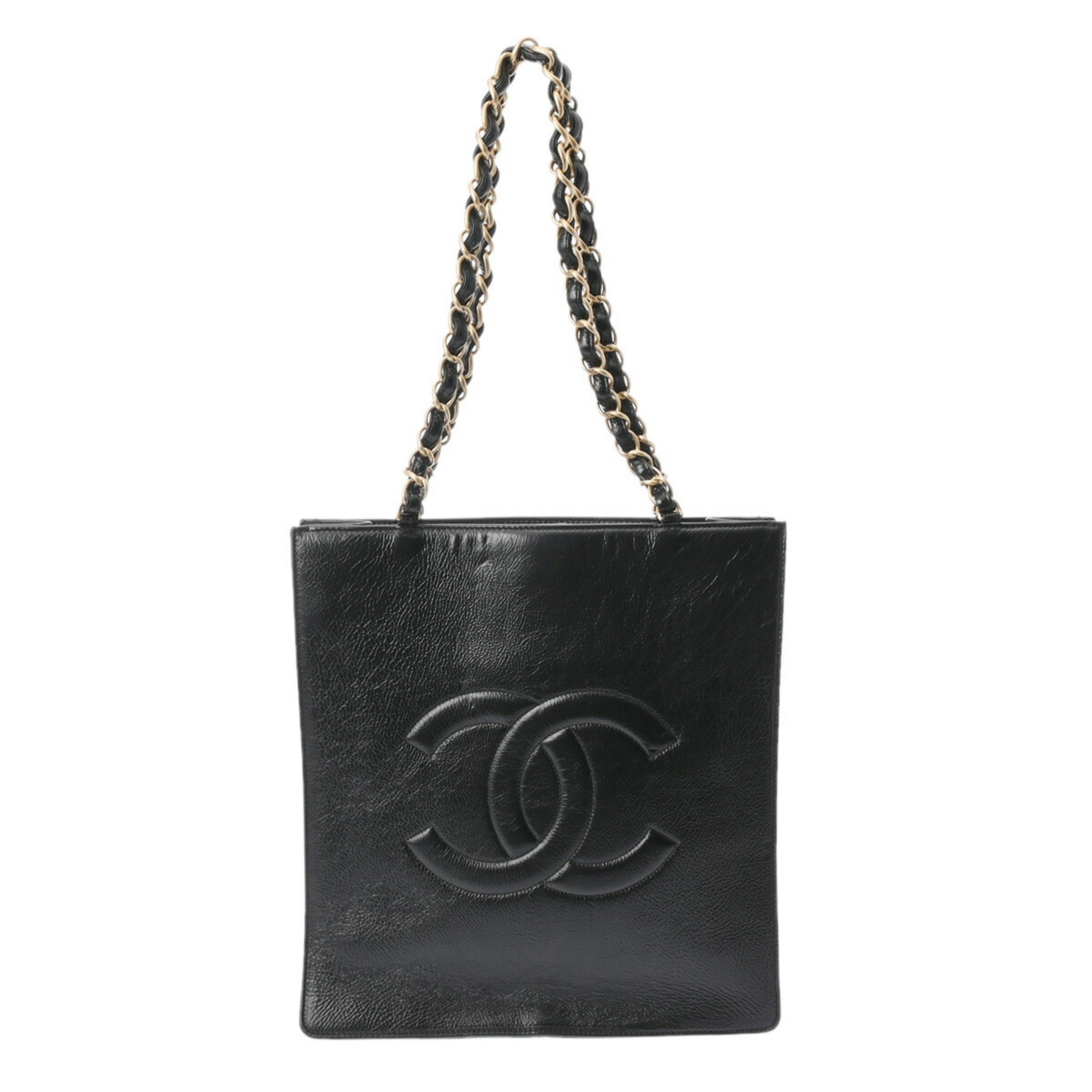 CHANEL Chanel Chain Tote Black Women's Embossed Leather Bag