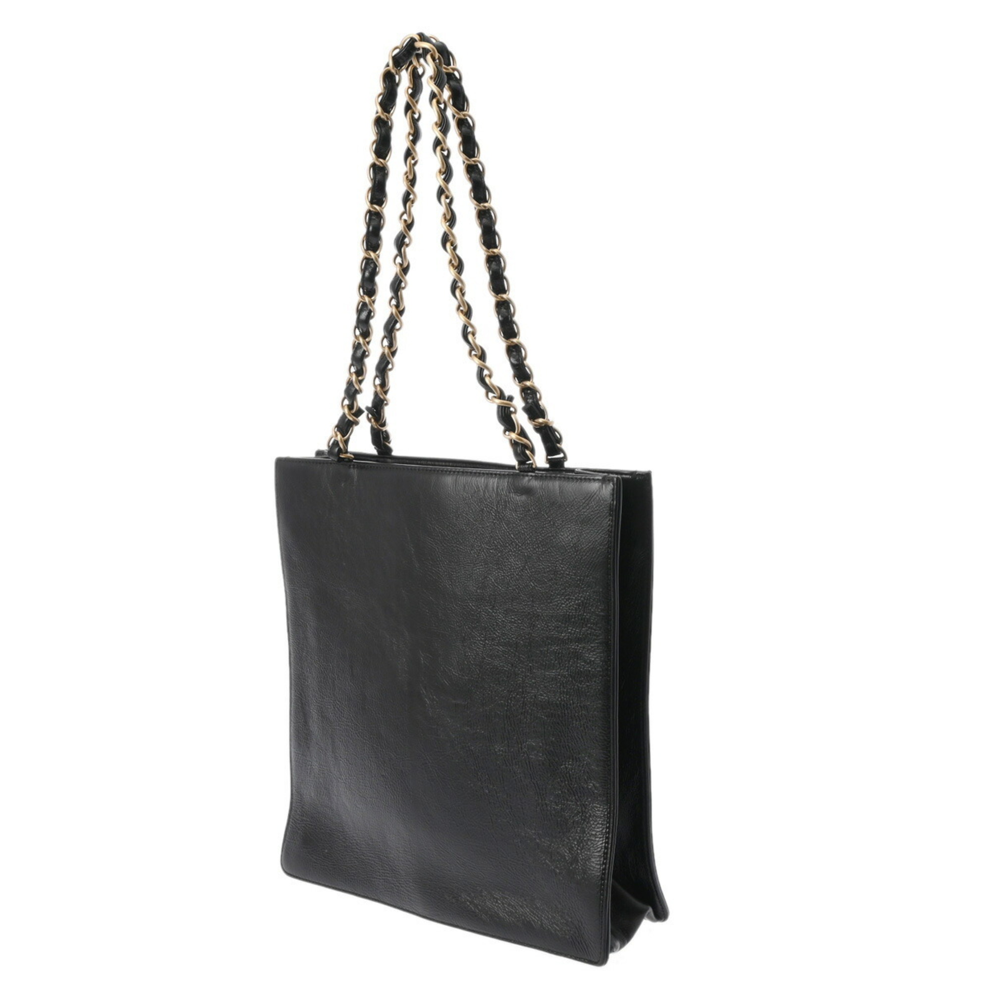 CHANEL Chanel Chain Tote Black Women's Embossed Leather Bag