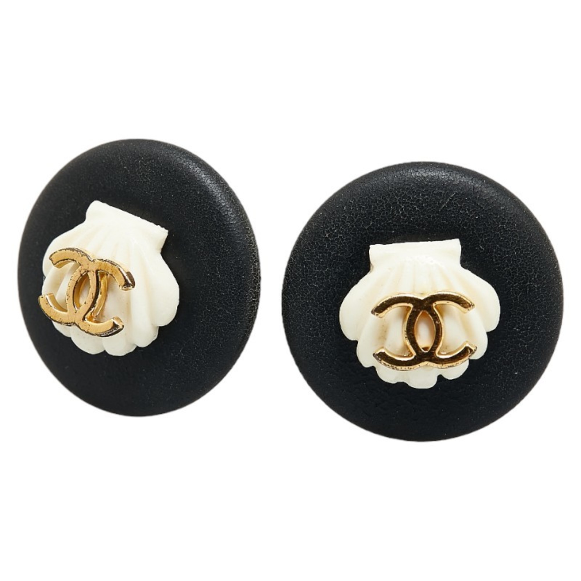 Chanel Coco Mark Earrings Black White Gold Plastic Plated Women's CHANEL