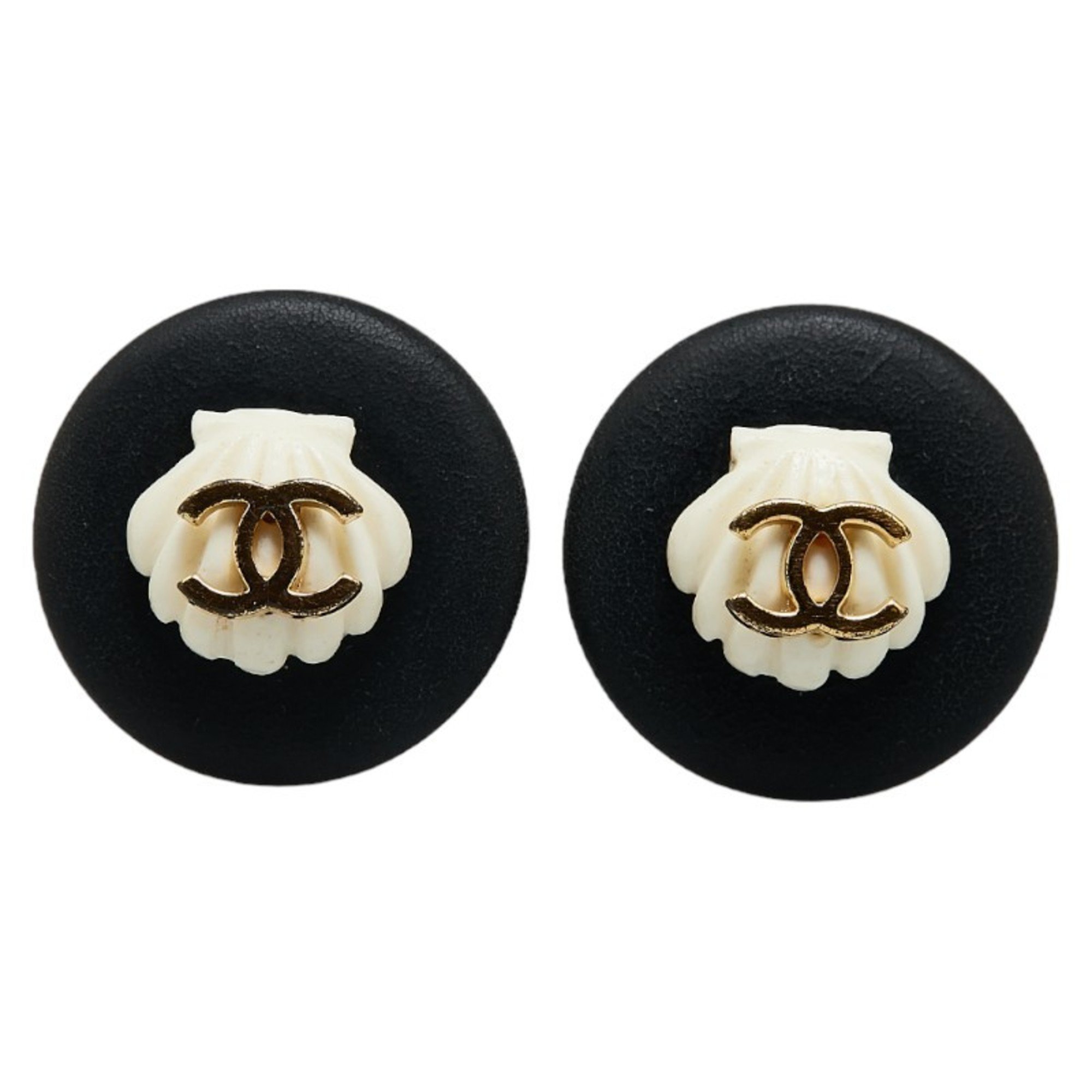 Chanel Coco Mark Earrings Black White Gold Plastic Plated Women's CHANEL