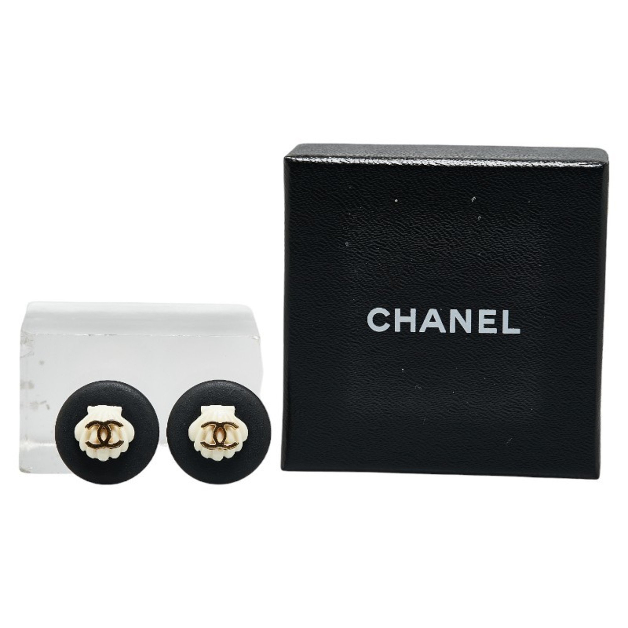 Chanel Coco Mark Earrings Black White Gold Plastic Plated Women's CHANEL