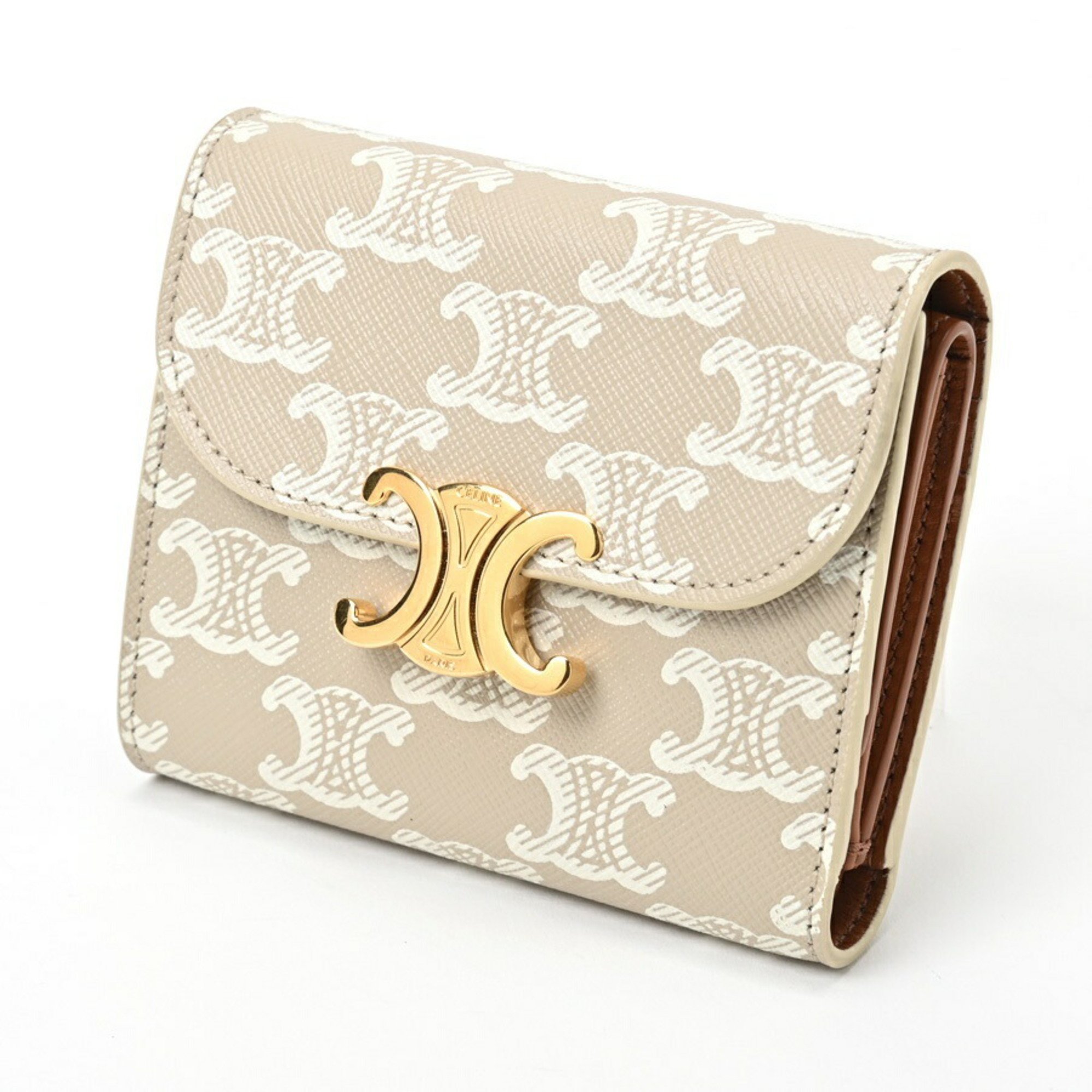 CELINE Triomphe Small Wallet 10D78 Canvas Leather Beige White Tan E-156059