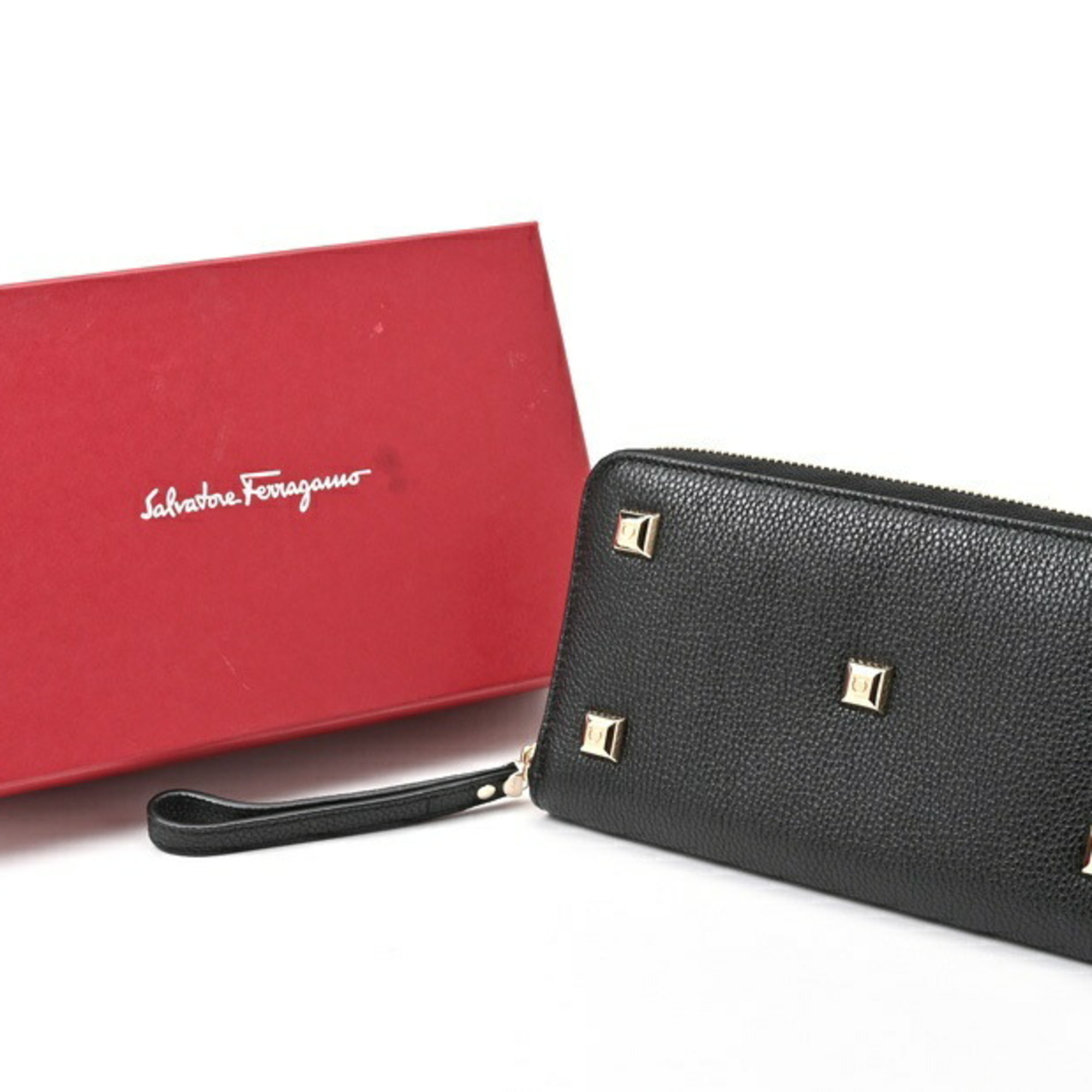 Salvatore Ferragamo Ferragamo Studded Organizer Round Zip Wallet Leather Metal Black Gold S-156031