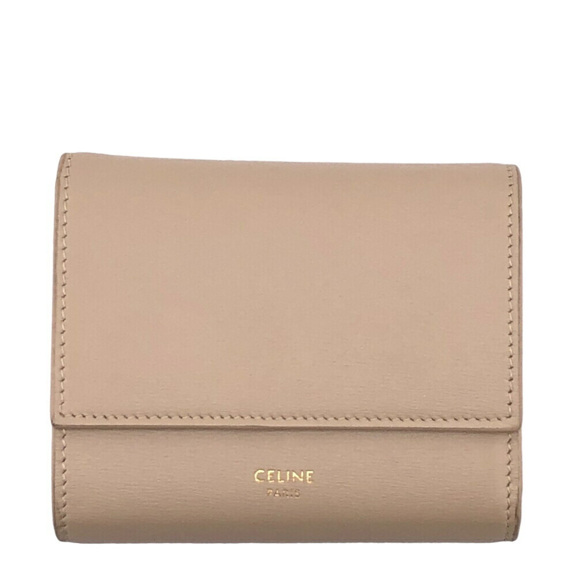 CELINE Small Trifold Compact Wallet Tri-fold Beige Women's