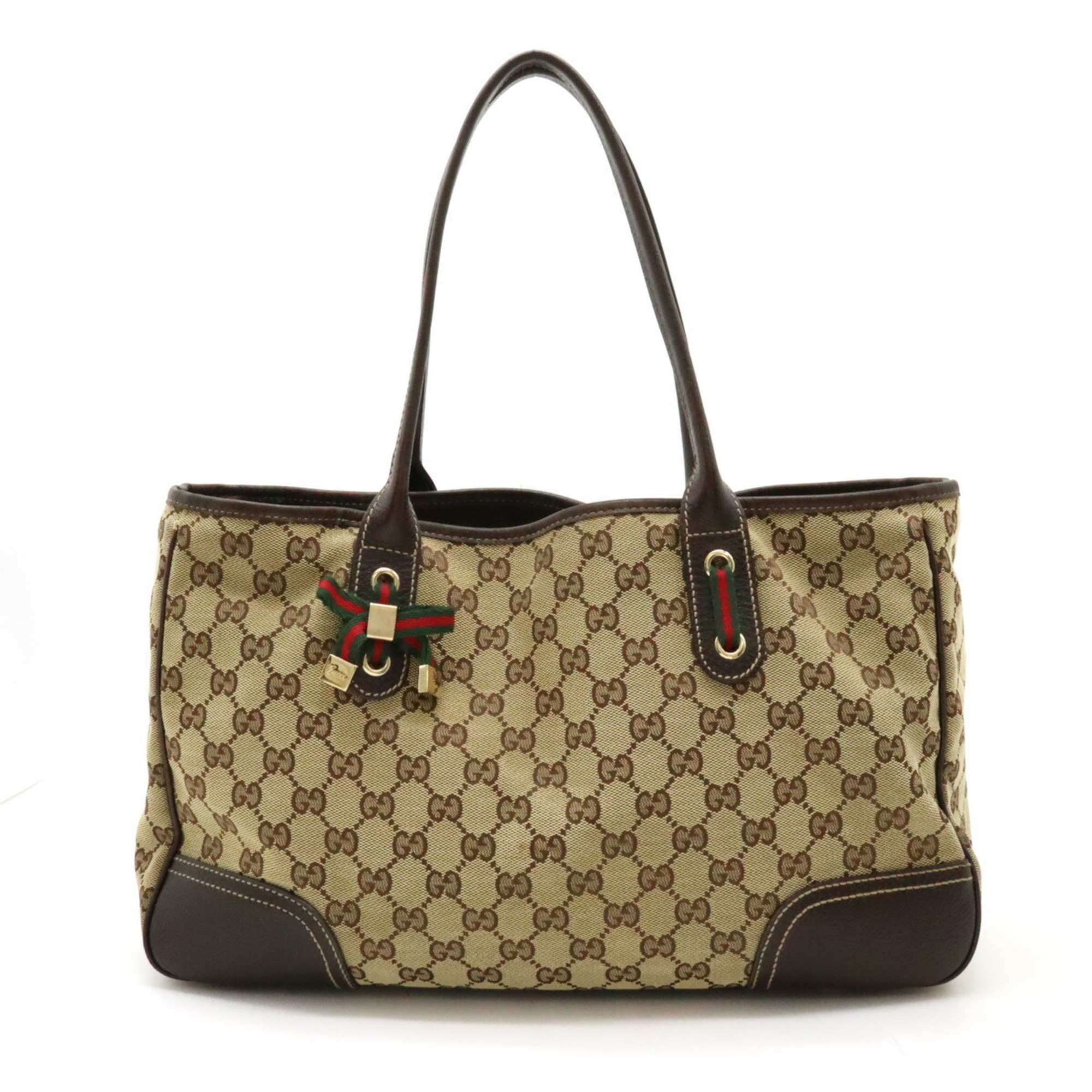 GUCCI GG Canvas Princess Line Ribbon Tote Bag Shoulder Leather Khaki Beige Dark Brown 163805