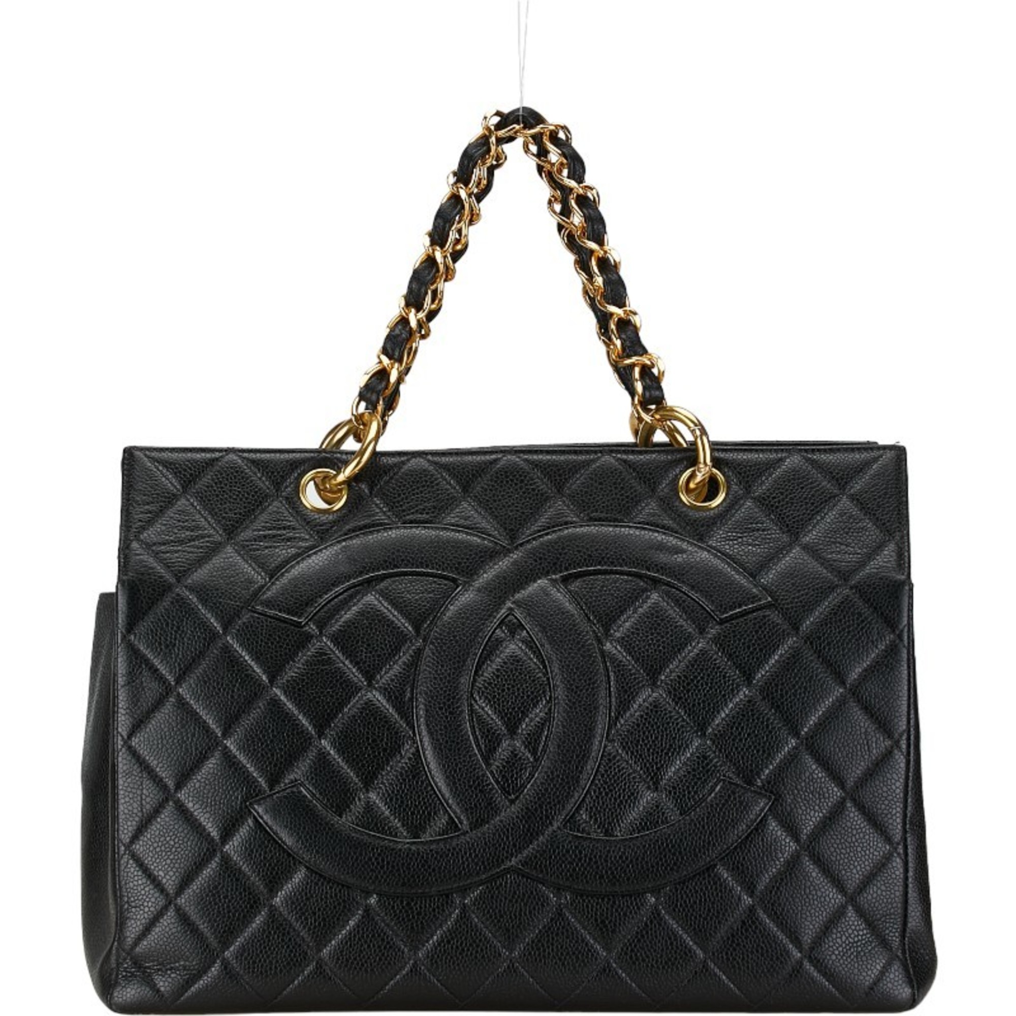 CHANEL Matelasse Coco Mark Chain Tote Bag Black Caviar Skin Women's