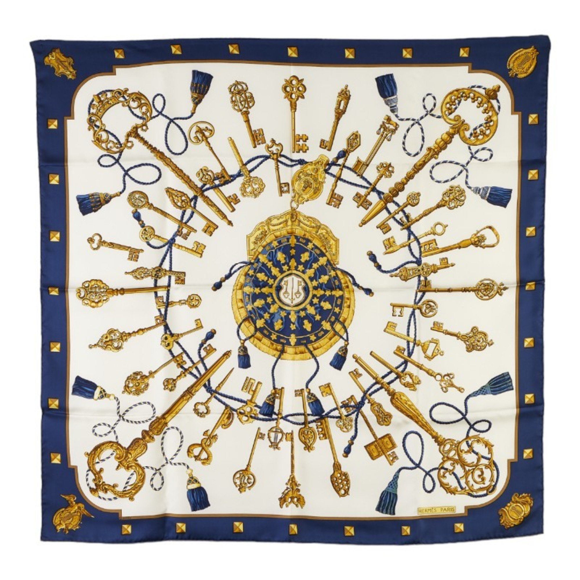 Hermes Carre 90 LES CLES Key Pattern Scarf Muffler Navy White Multicolor Silk Women's HERMES