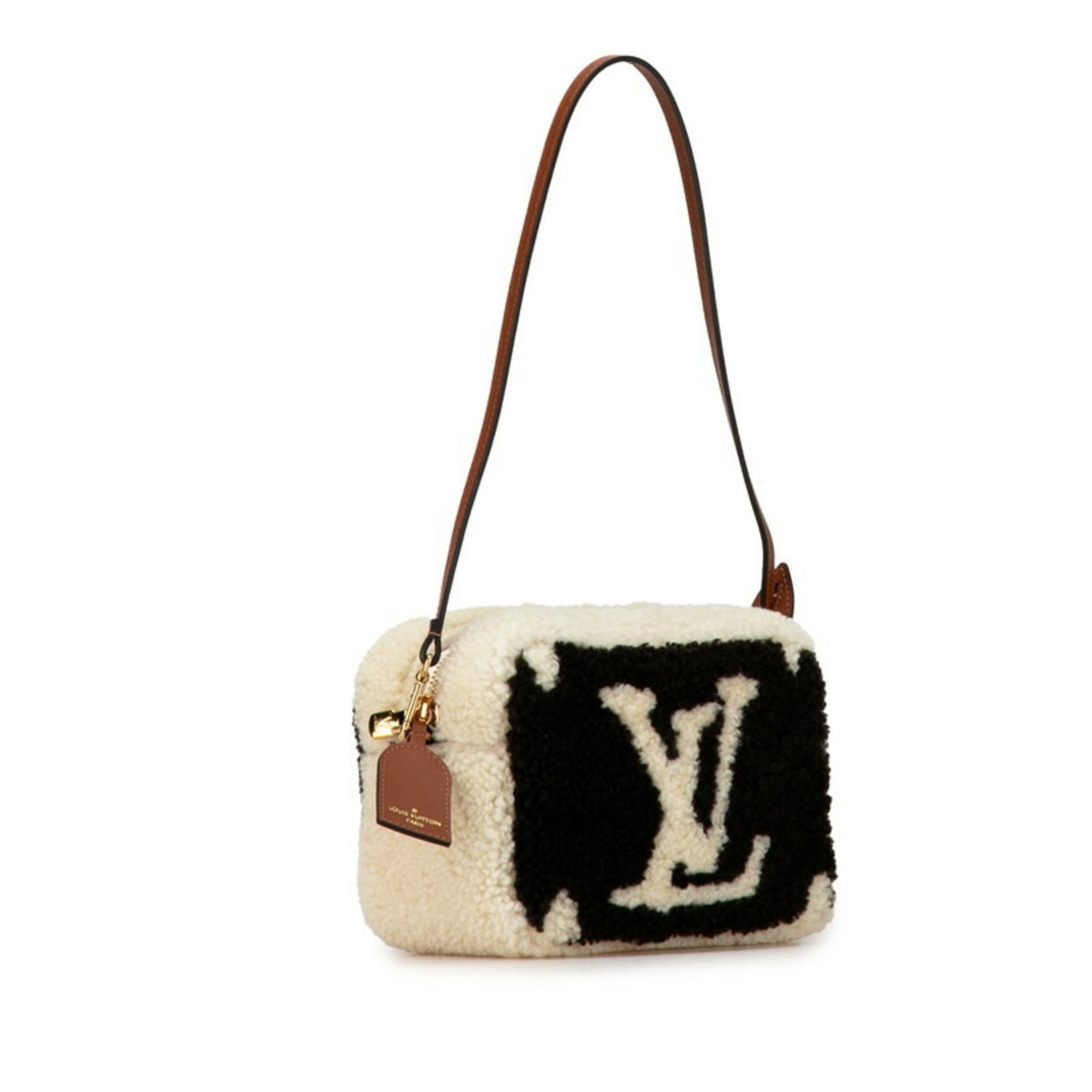 Louis Vuitton Monogram Teddy Beach Pouch M68599 Cream Beige Brown Boa Leather Women's LOUIS VUITTON