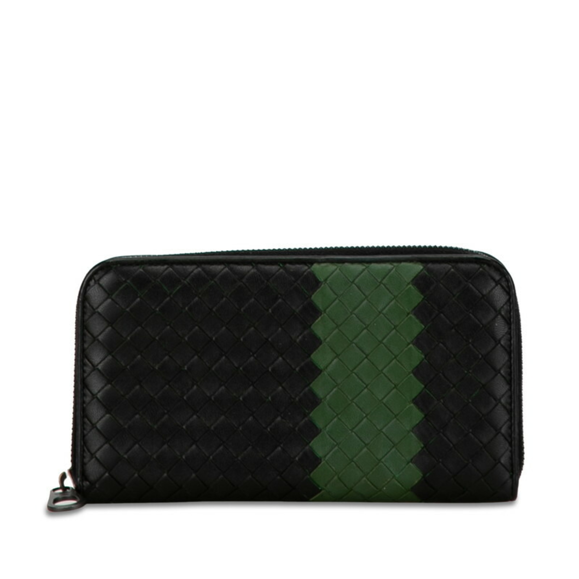 Bottega Veneta Intrecciato Round Long Wallet Black Green Leather Women's BOTTEGAVENETA