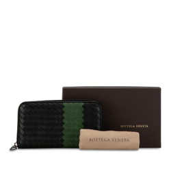 Bottega Veneta Intrecciato Round Long Wallet Black Green Leather Women's BOTTEGAVENETA