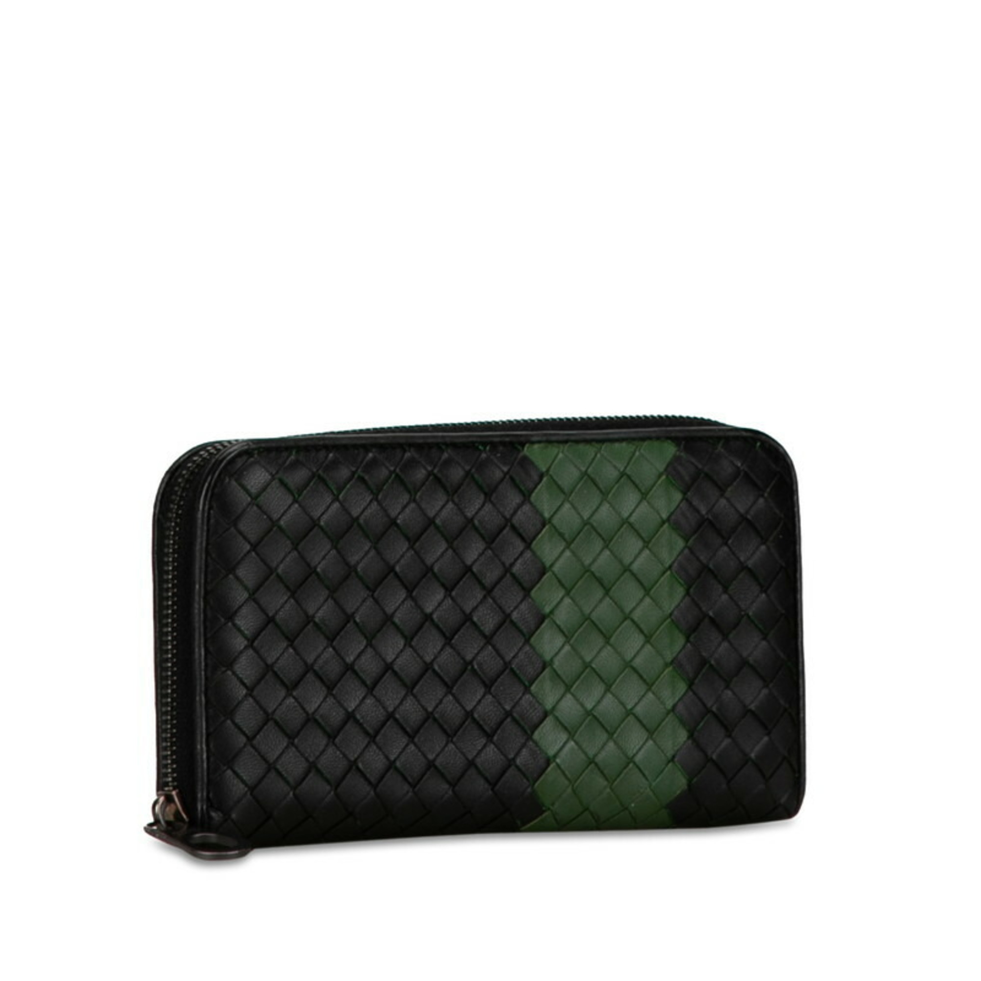 Bottega Veneta Intrecciato Round Long Wallet Black Green Leather Women's BOTTEGAVENETA