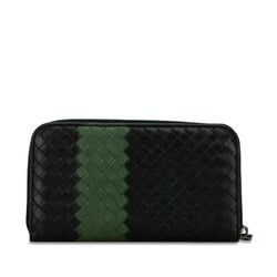 Bottega Veneta Intrecciato Round Long Wallet Black Green Leather Women's BOTTEGAVENETA