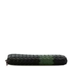 Bottega Veneta Intrecciato Round Long Wallet Black Green Leather Women's BOTTEGAVENETA