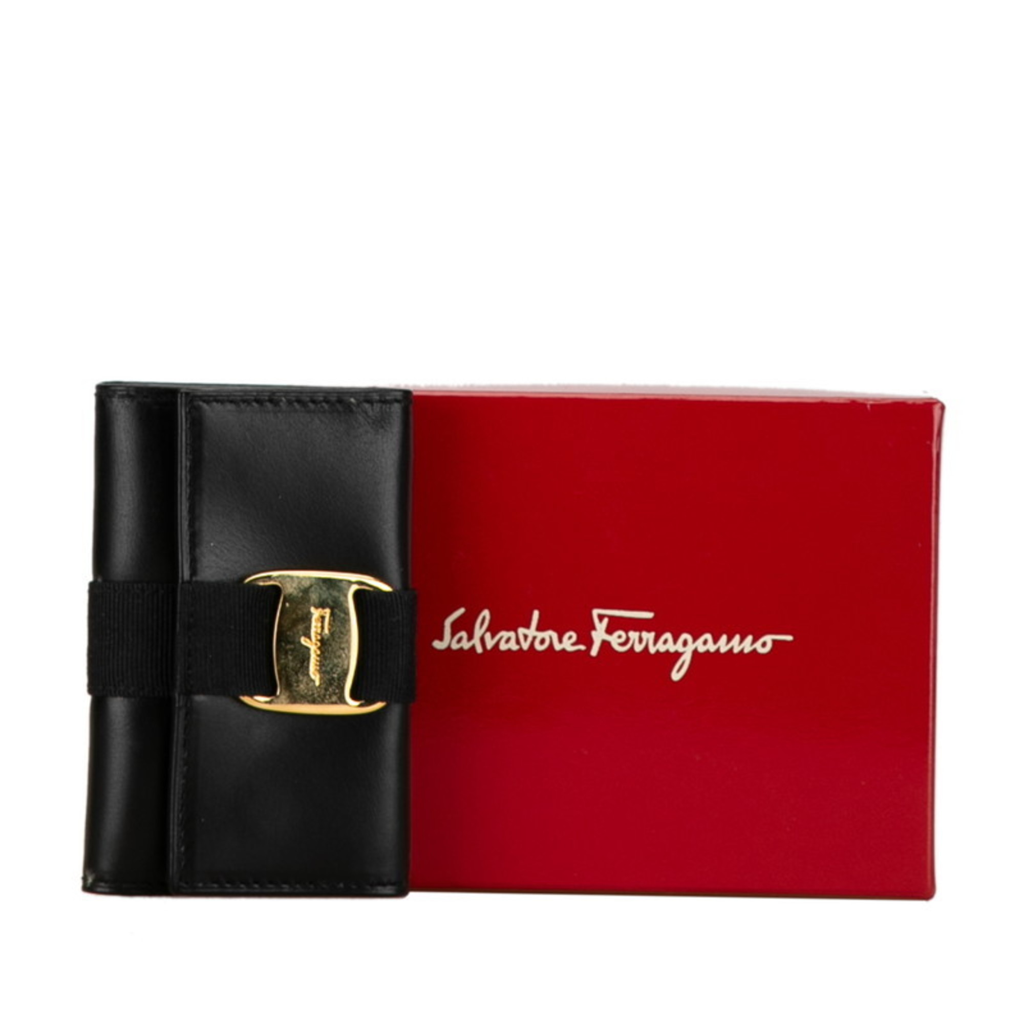 Salvatore Ferragamo Vara Ribbon Key Case 223056 Black Leather Women's