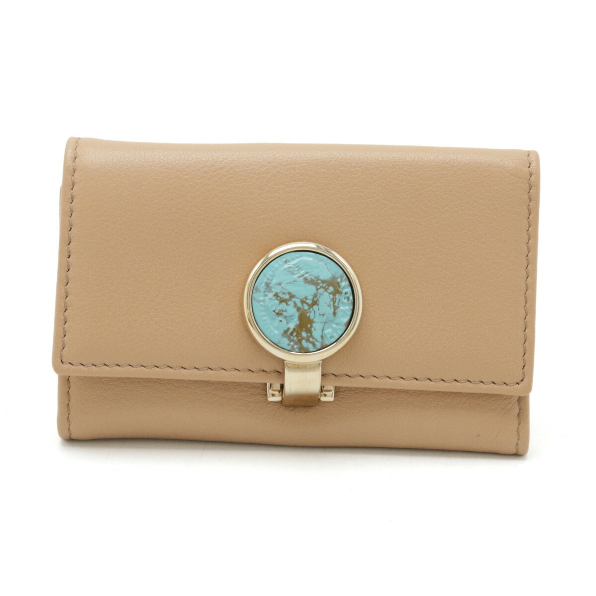 BVLGARI Monete 6-Key Case Leather Beige Turquoise