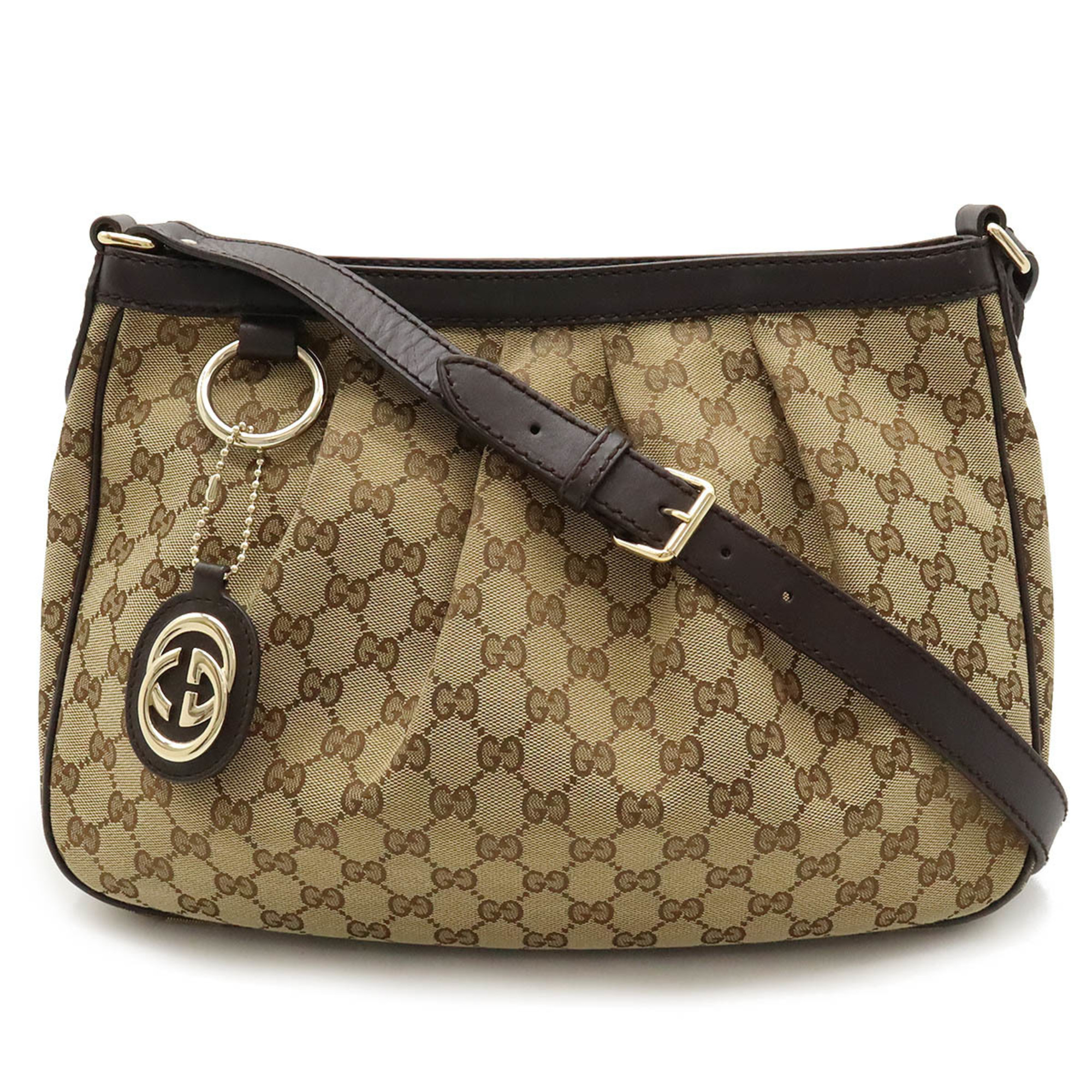 GUCCI Sukey GG canvas shoulder bag, leather, khaki beige, dark brown, 296834