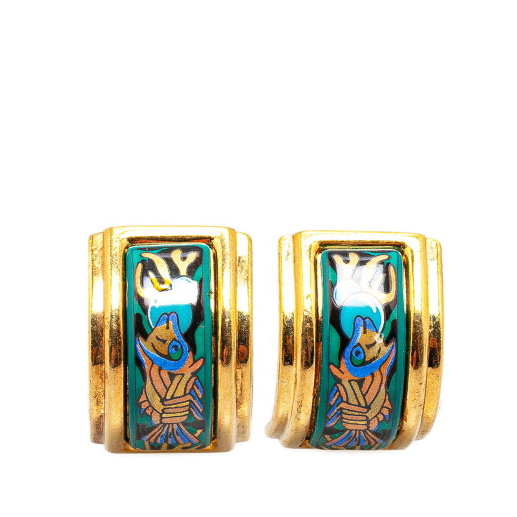 Hermes enamel cloisonné fish earrings gold multi-color plated women's HERMES