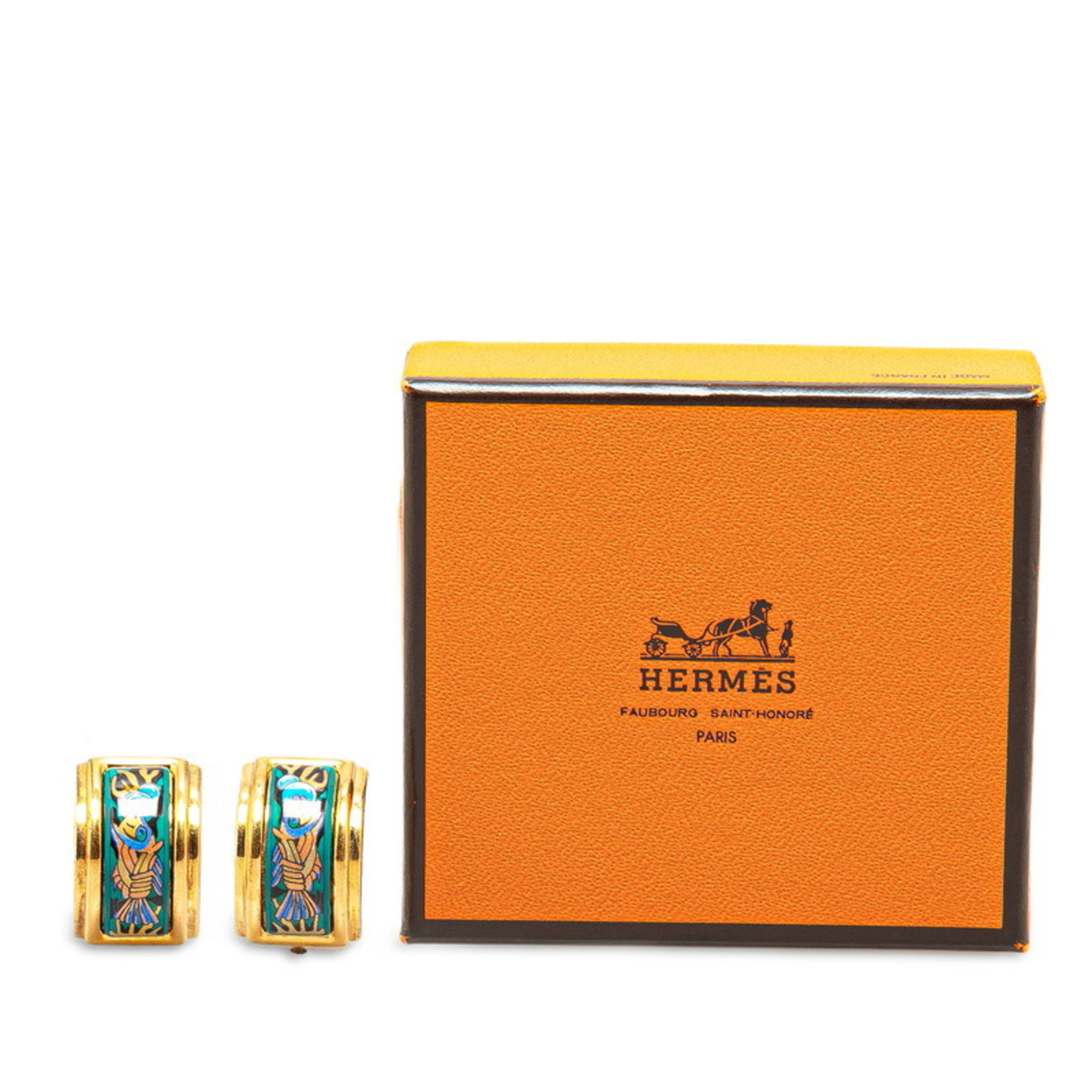 Hermes enamel cloisonné fish earrings gold multi-color plated women's HERMES