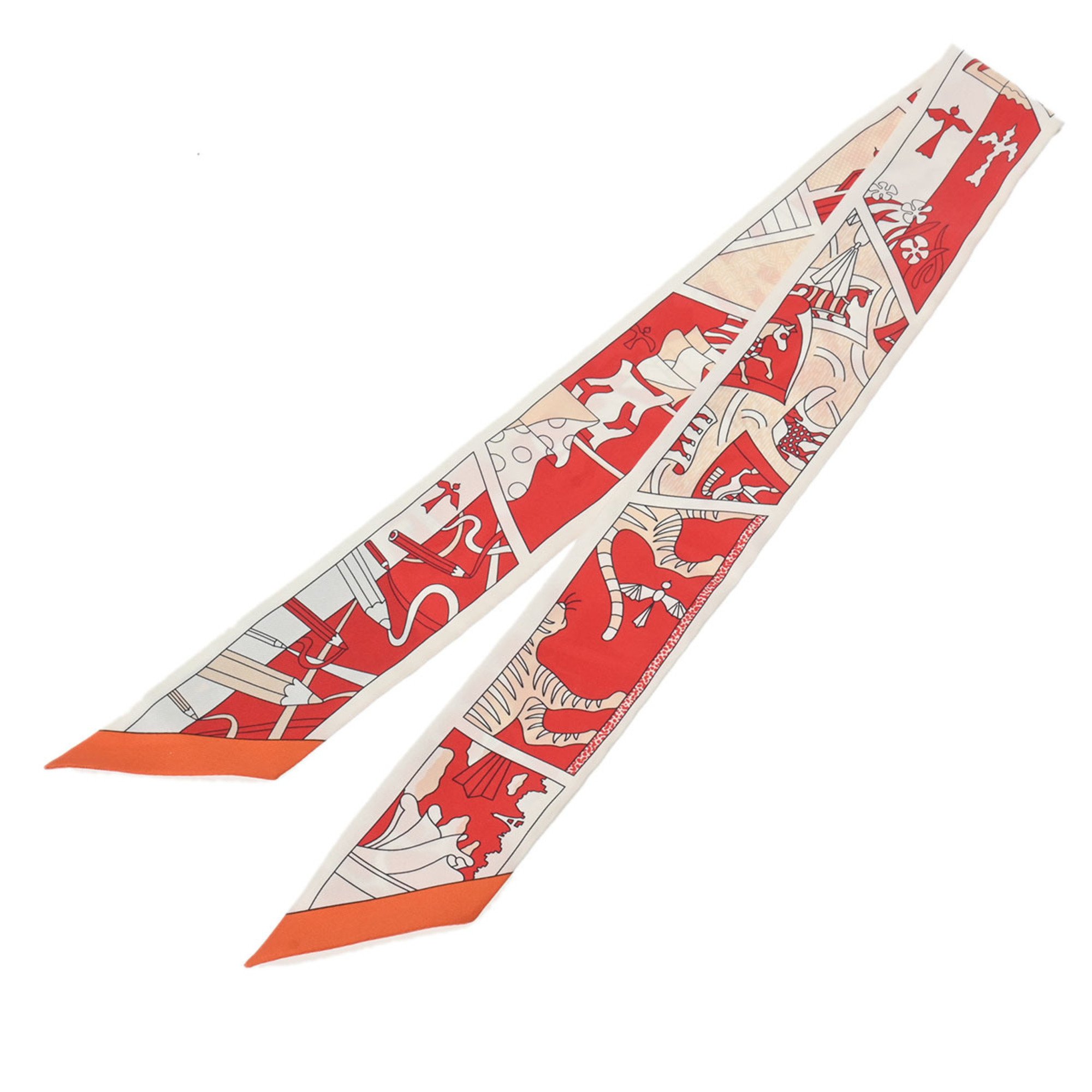 HERMES Twilly FACTPRY SUITE Rouge/White/Blue Women's 100% Silk Scarf Muffler