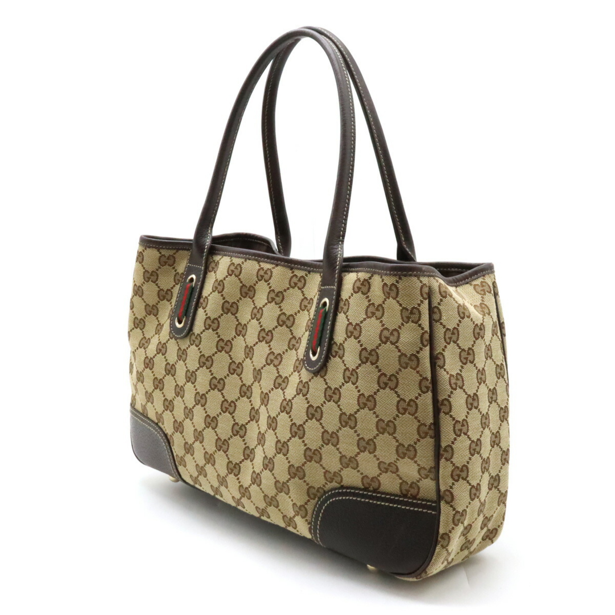 GUCCI GG Canvas Princess Line Ribbon Tote Bag Shoulder Leather Khaki Beige Dark Brown 163805