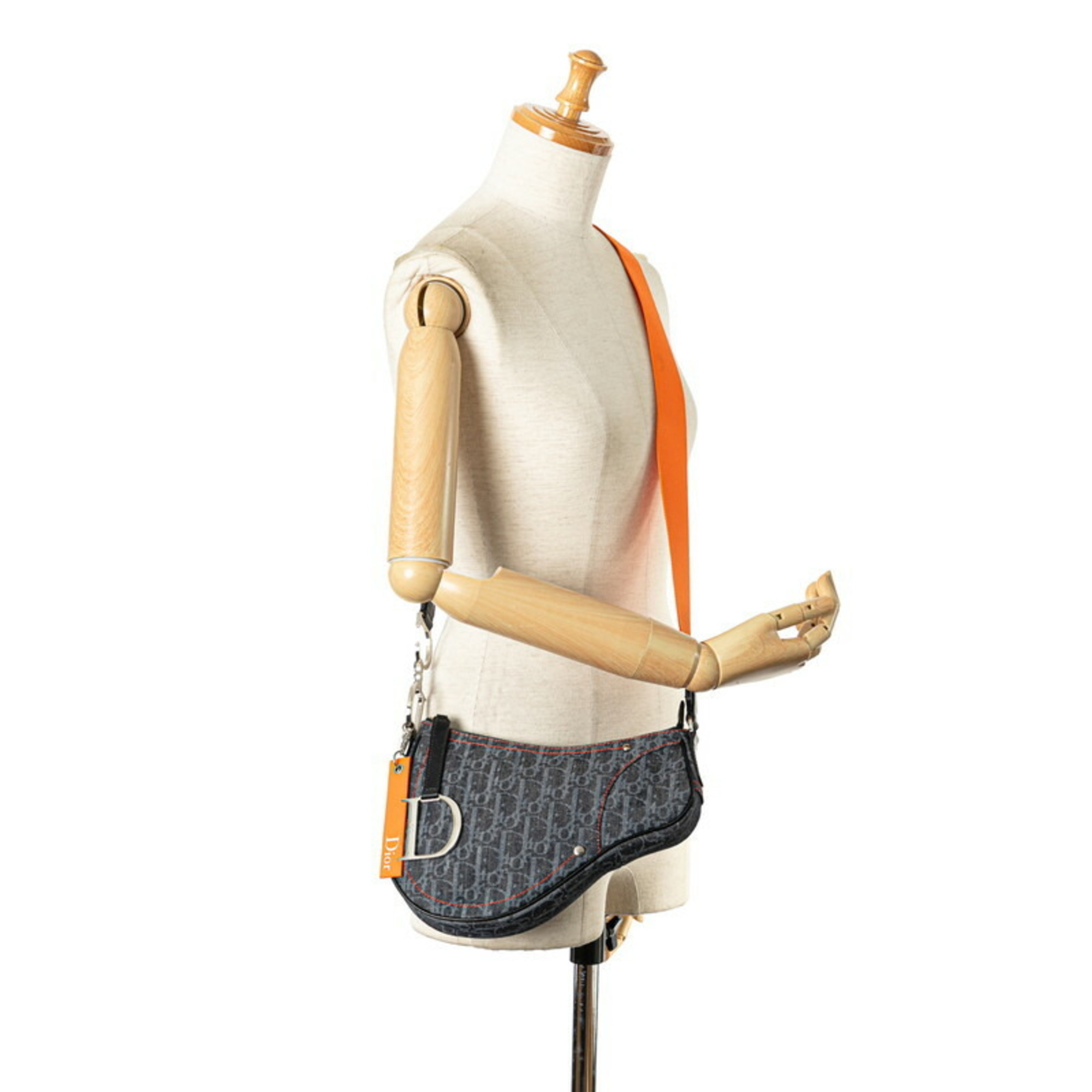 Christian Dior Dior Trotter Saddle Flight Line Shoulder Bag Indigo Blue Orange Canvas Women's