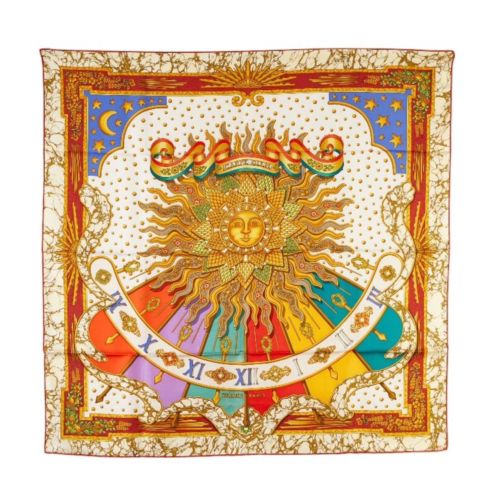 Hermes Carre 90 CARPE DIEM Enjoy Today Sun Moon Stars Scarf Muffler White Multicolor Silk Women's HERMES