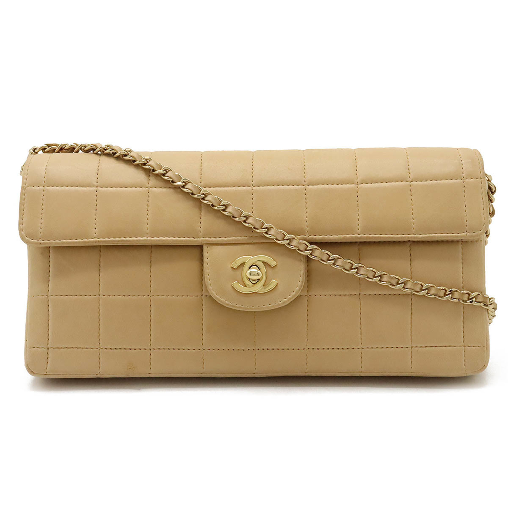 CHANEL Chocolate Bar Shoulder Bag Chain Leather Lambskin Beige A15316