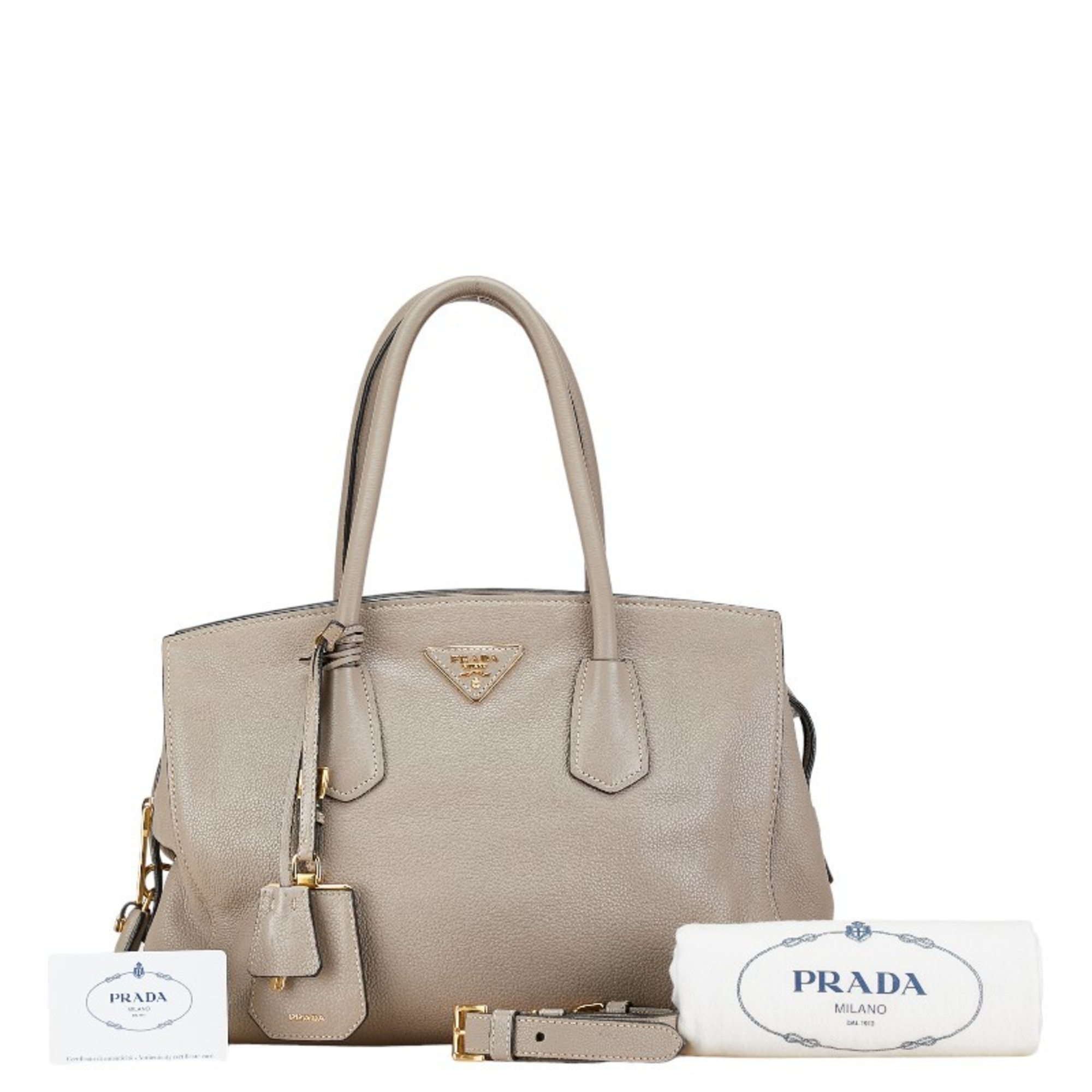 Prada Triangle Plate Handbag Shoulder Bag BN2769 Greige Leather Women's PRADA