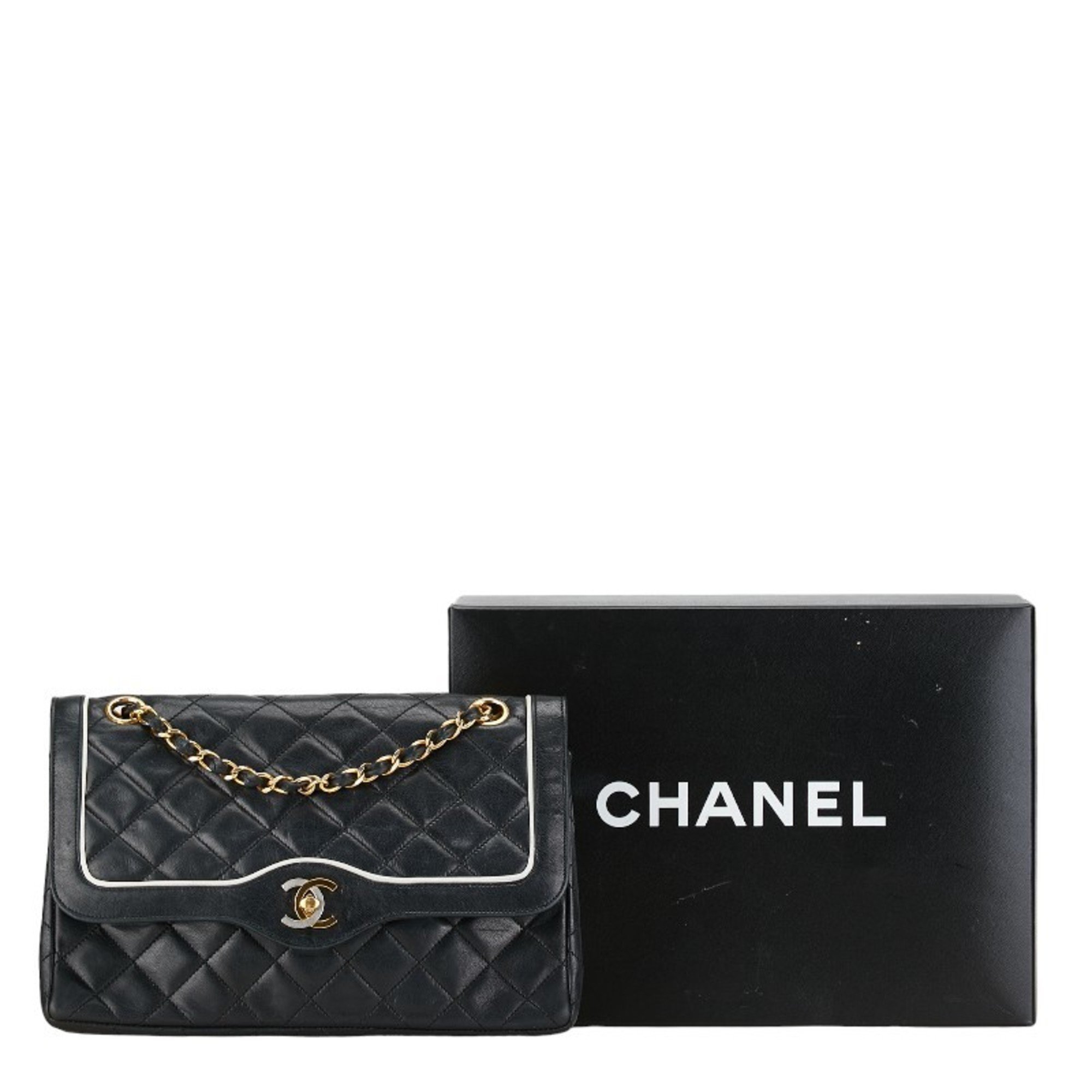 Chanel Matelasse 25 Coco Mark Double Flap Chain Shoulder Bag Black Lambskin Women's CHANEL