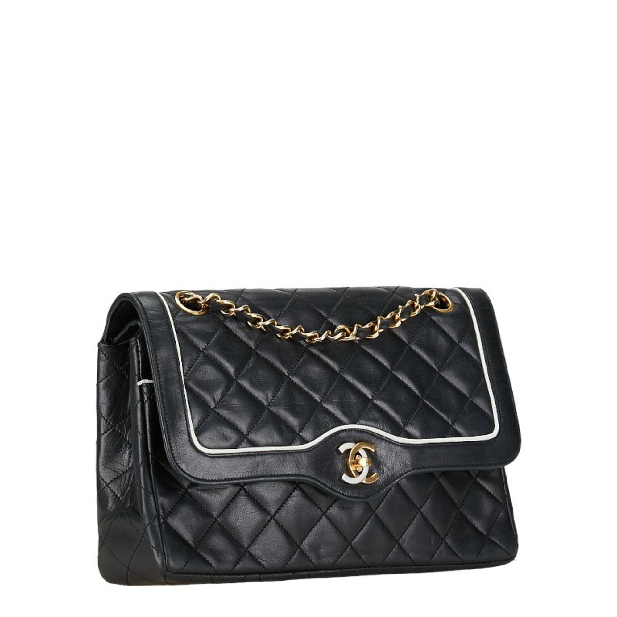 Chanel Matelasse 25 Coco Mark Double Flap Chain Shoulder Bag Black Lambskin Women's CHANEL