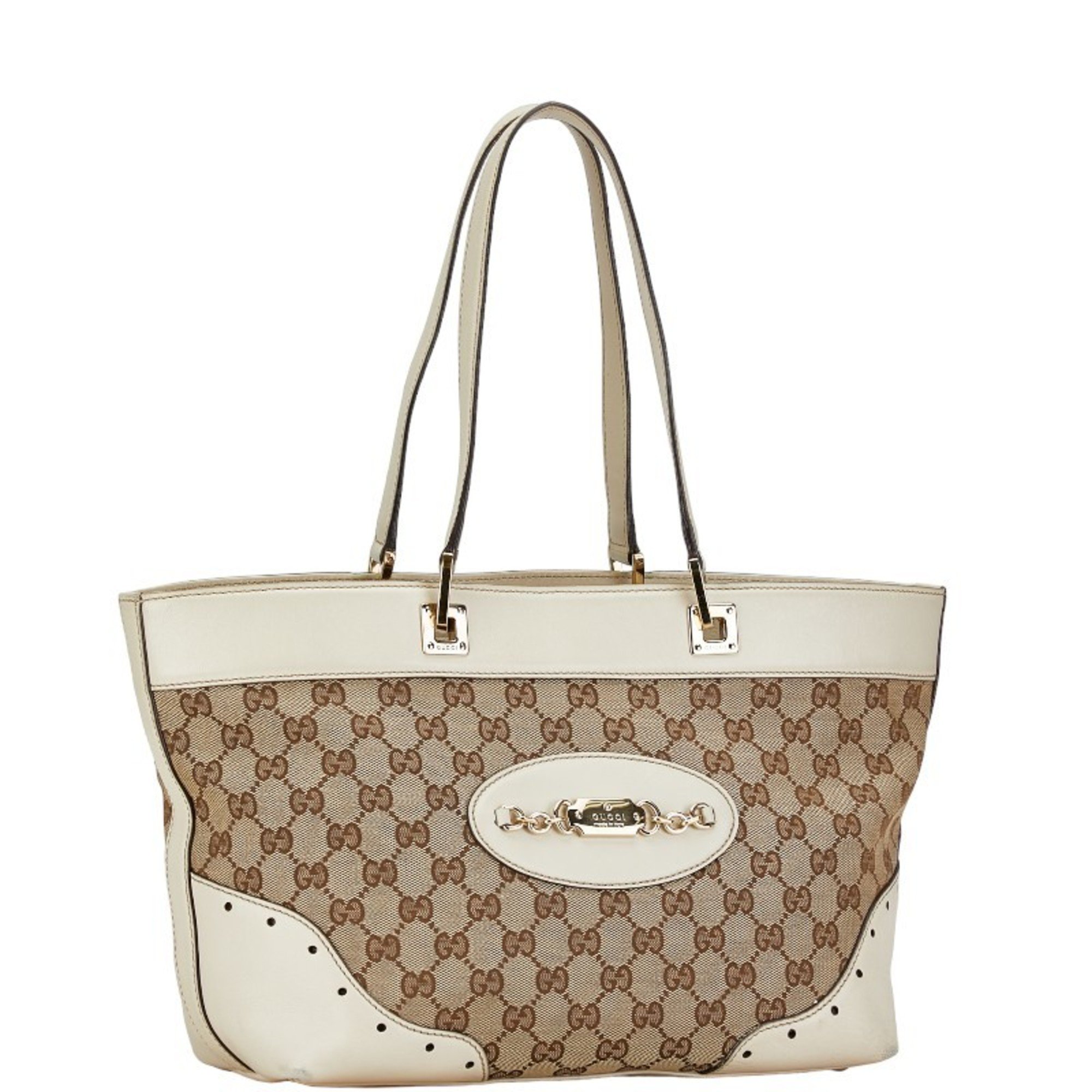 Gucci GG Canvas Handbag Tote Bag 145993 Beige White Leather Women's GUCCI