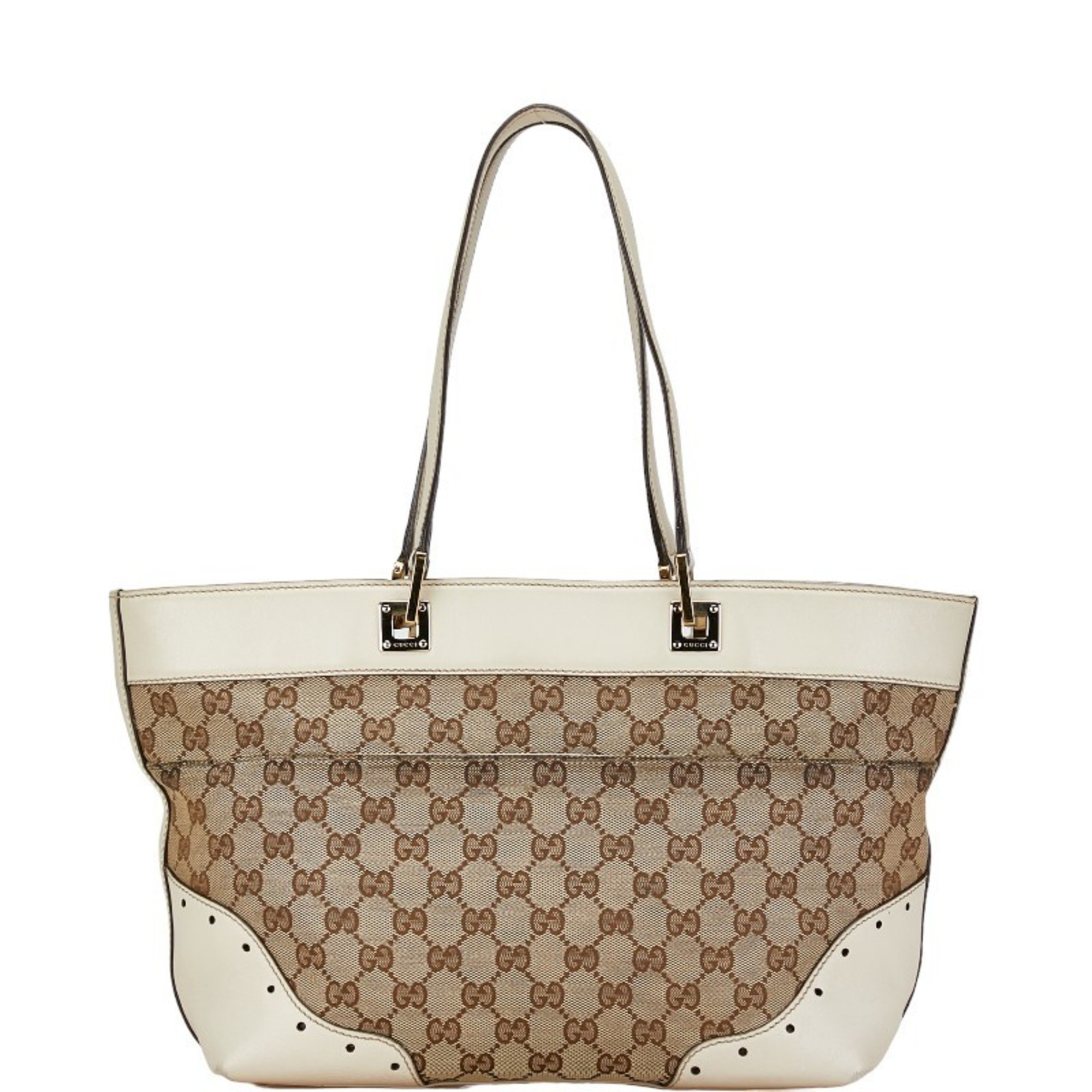 Gucci GG Canvas Handbag Tote Bag 145993 Beige White Leather Women's GUCCI