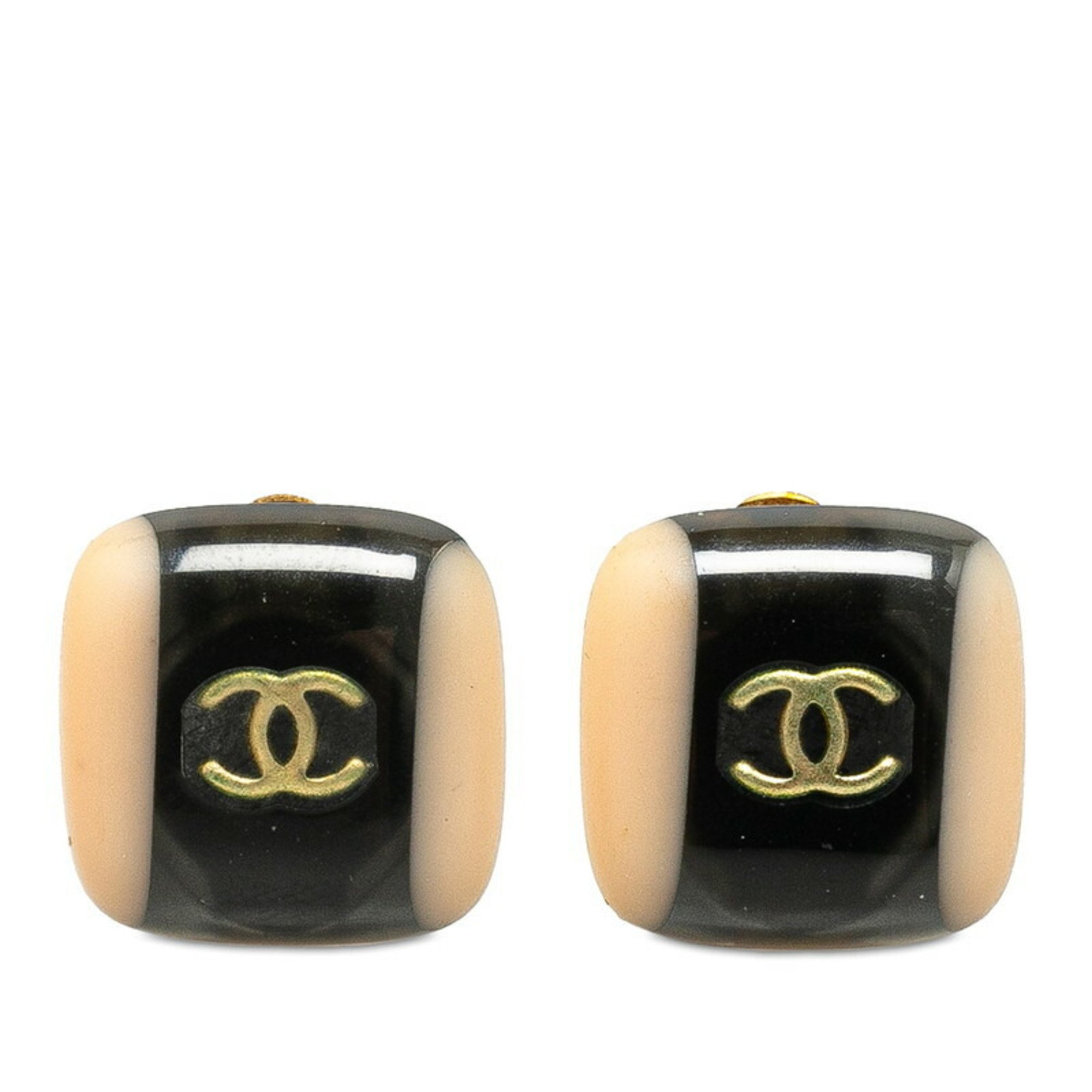 Chanel Coco Mark Square Earrings Black Gold Plastic Plated Women's CHANEL