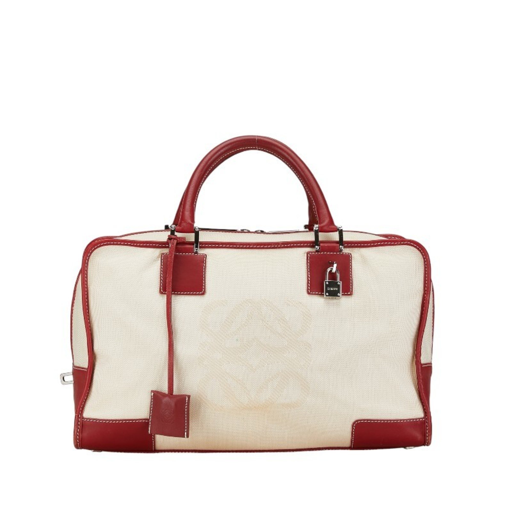 LOEWE Anagram Amazona 36 Handbag White Red Canvas Leather Women's