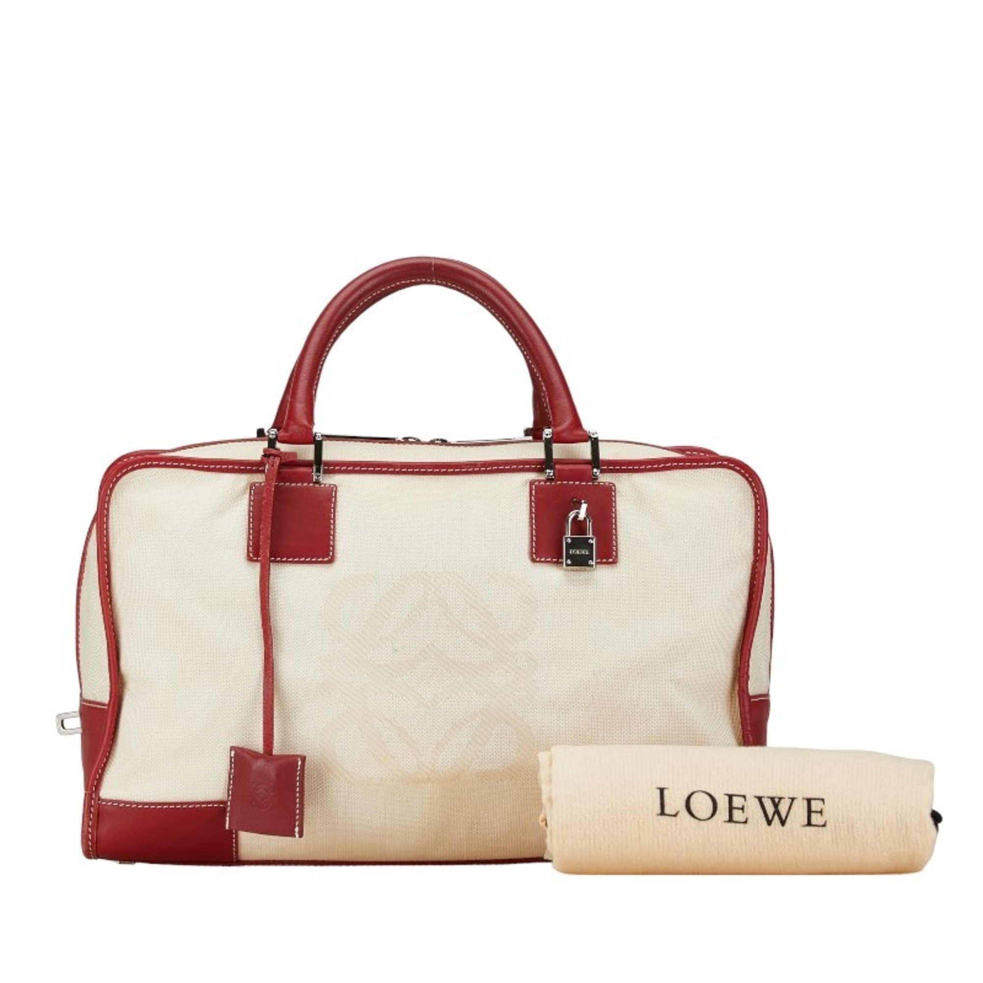 LOEWE Anagram Amazona 36 Handbag White Red Canvas Leather Women's