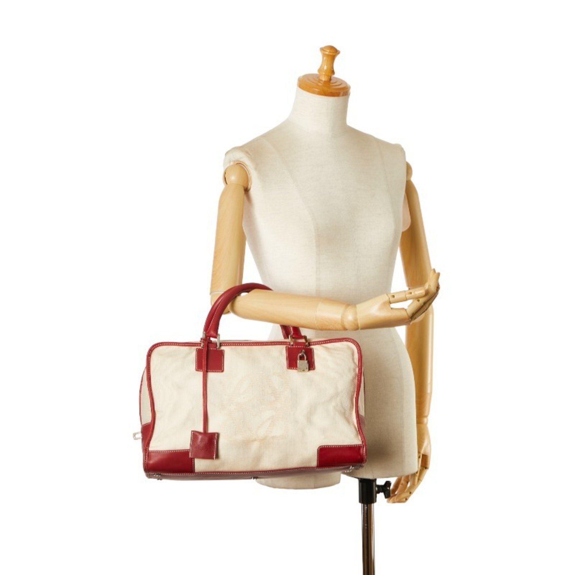 LOEWE Anagram Amazona 36 Handbag White Red Canvas Leather Women's