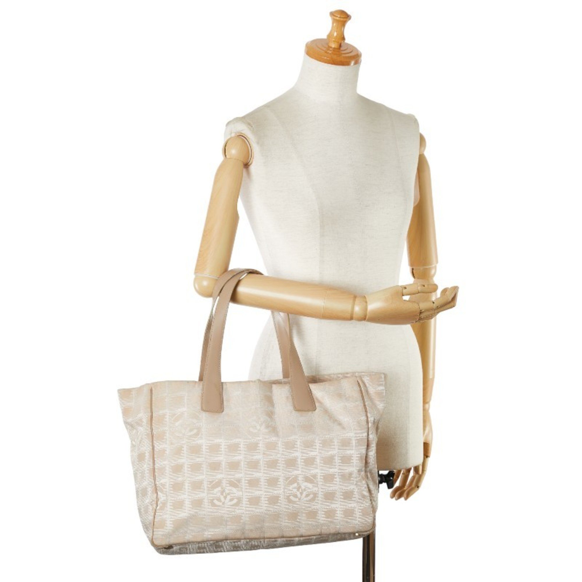 Chanel New Travel Line MM Tote Bag Handbag Beige Greige Canvas Leather Women's CHANEL