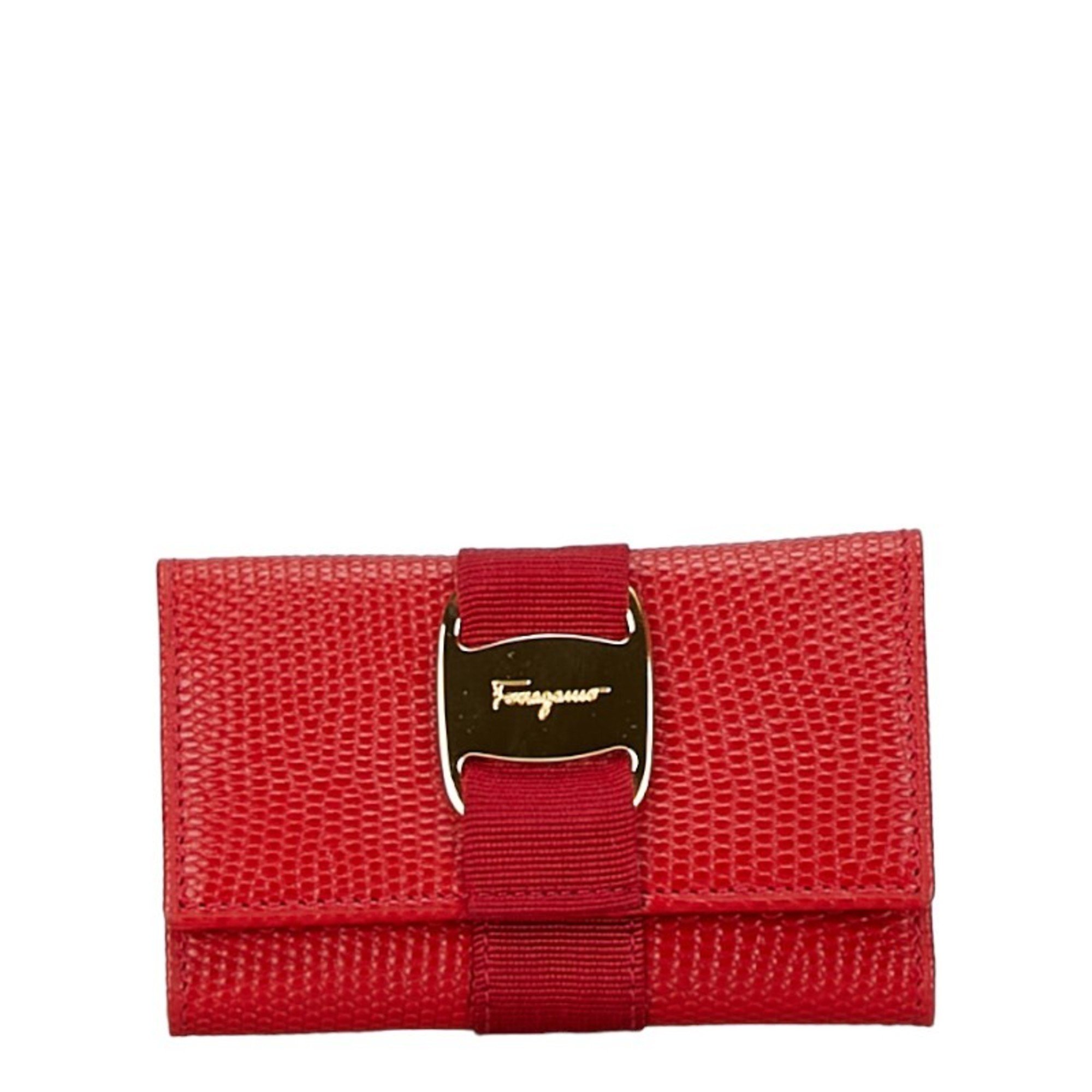 Salvatore Ferragamo Vara Ribbon 6-ring Key Case Red Leather Women's