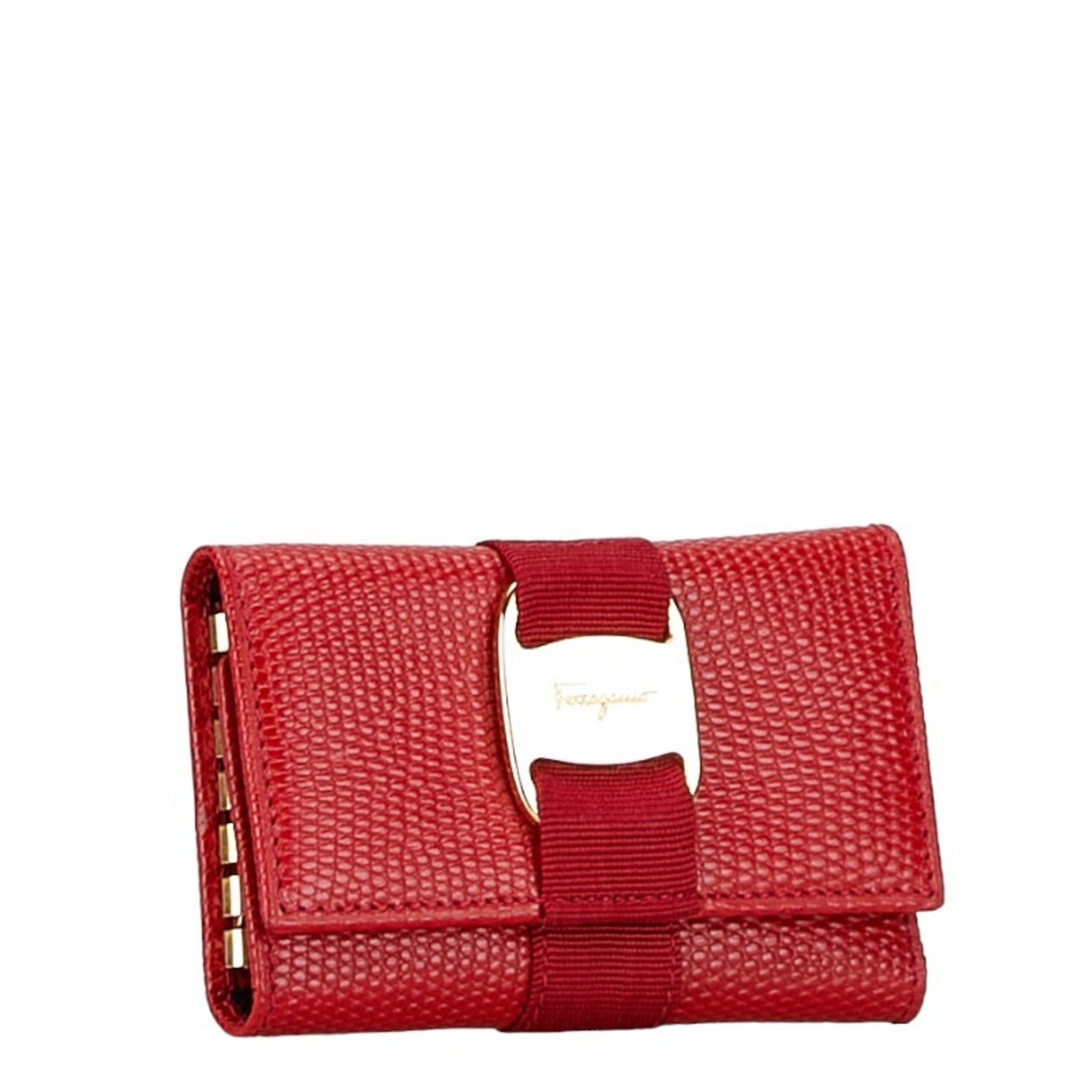 Salvatore Ferragamo Vara Ribbon 6-ring Key Case Red Leather Women's