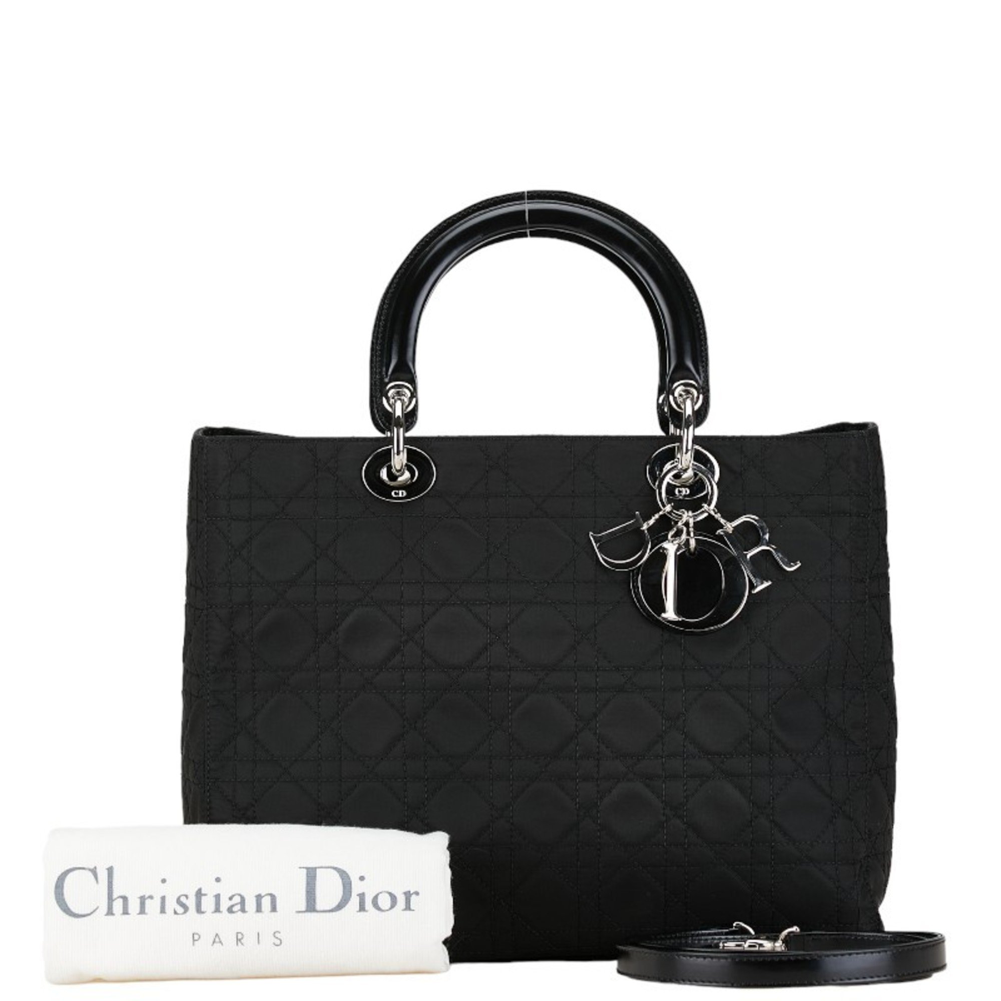 Christian Dior Dior Cannage Lady Handbag Shoulder Bag Black Cotton Leather Women's