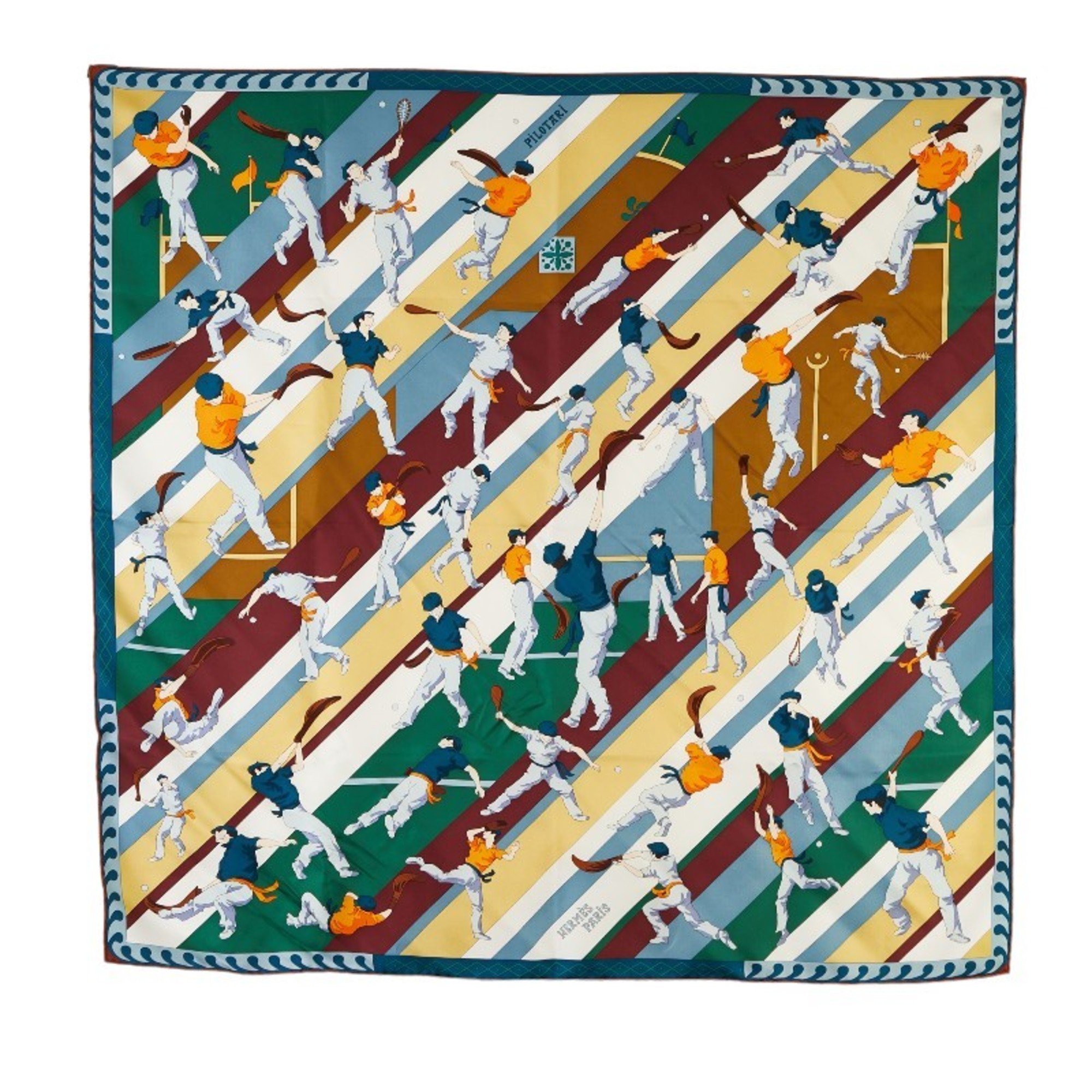 Hermes Carre 90 PILOTARI Basque Pelota Scarf Muffler Green Multicolor Silk Women's HERMES