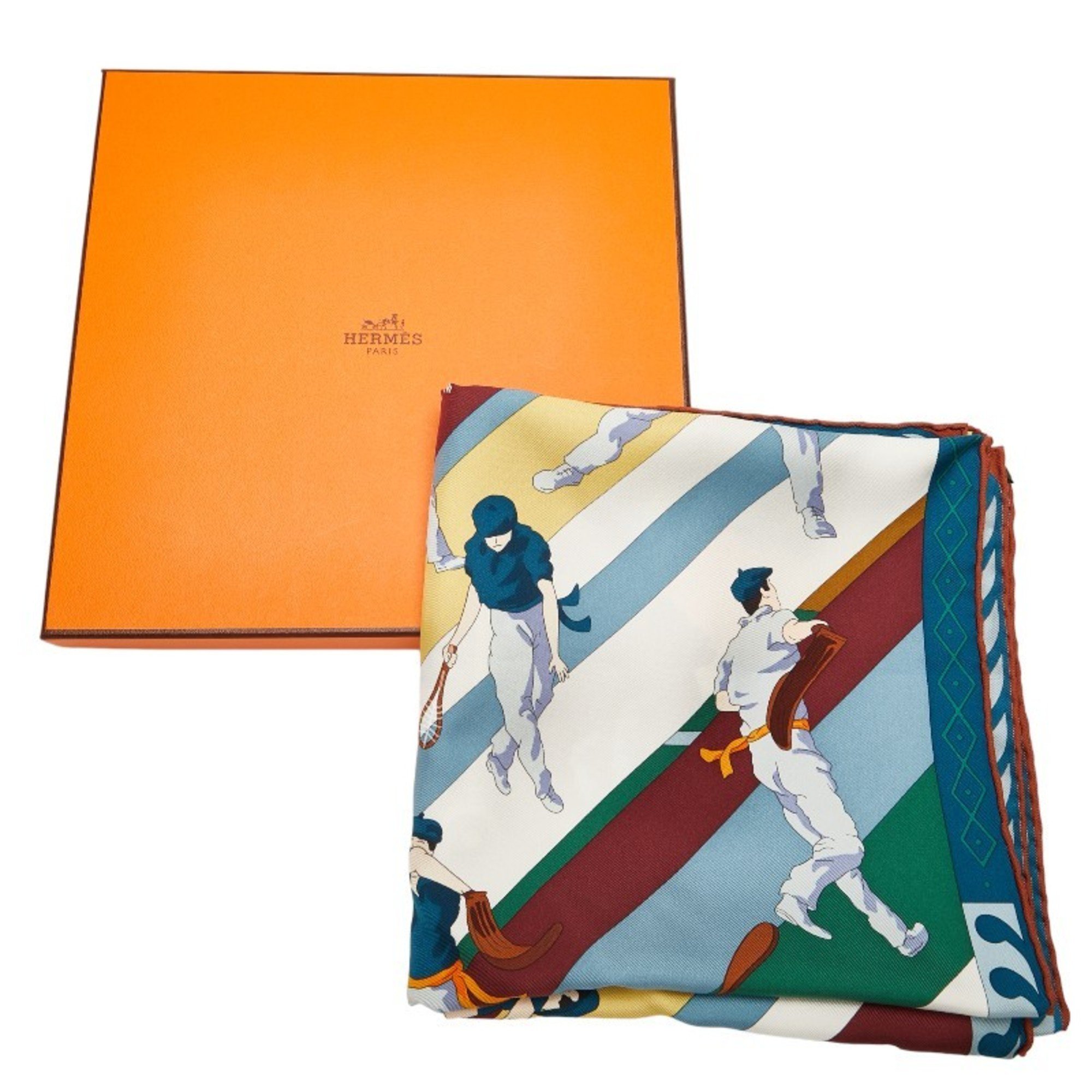 Hermes Carre 90 PILOTARI Basque Pelota Scarf Muffler Green Multicolor Silk Women's HERMES