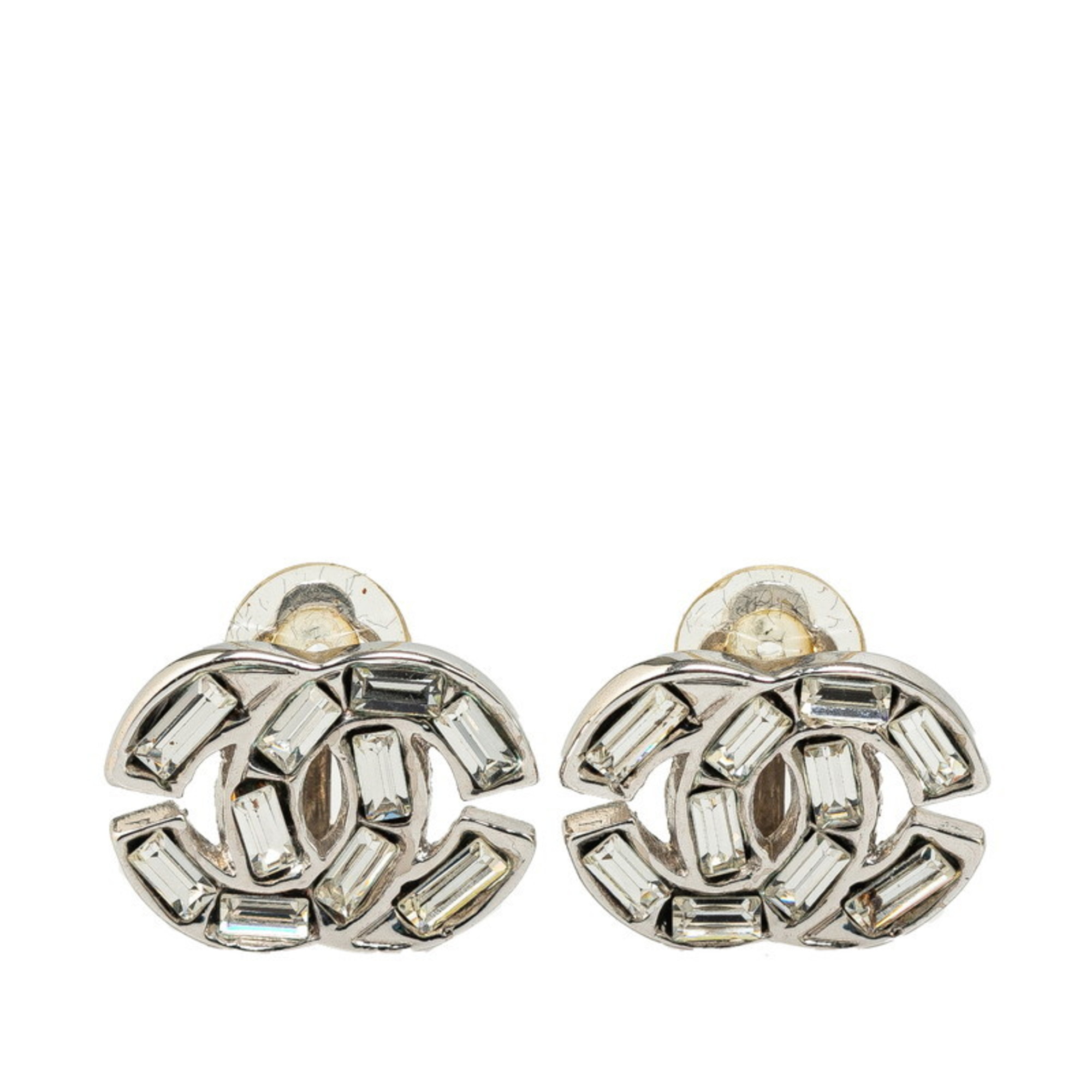 Chanel Coco Mark Rhinestone Bucket Earrings Silver Plated Women's CHANEL