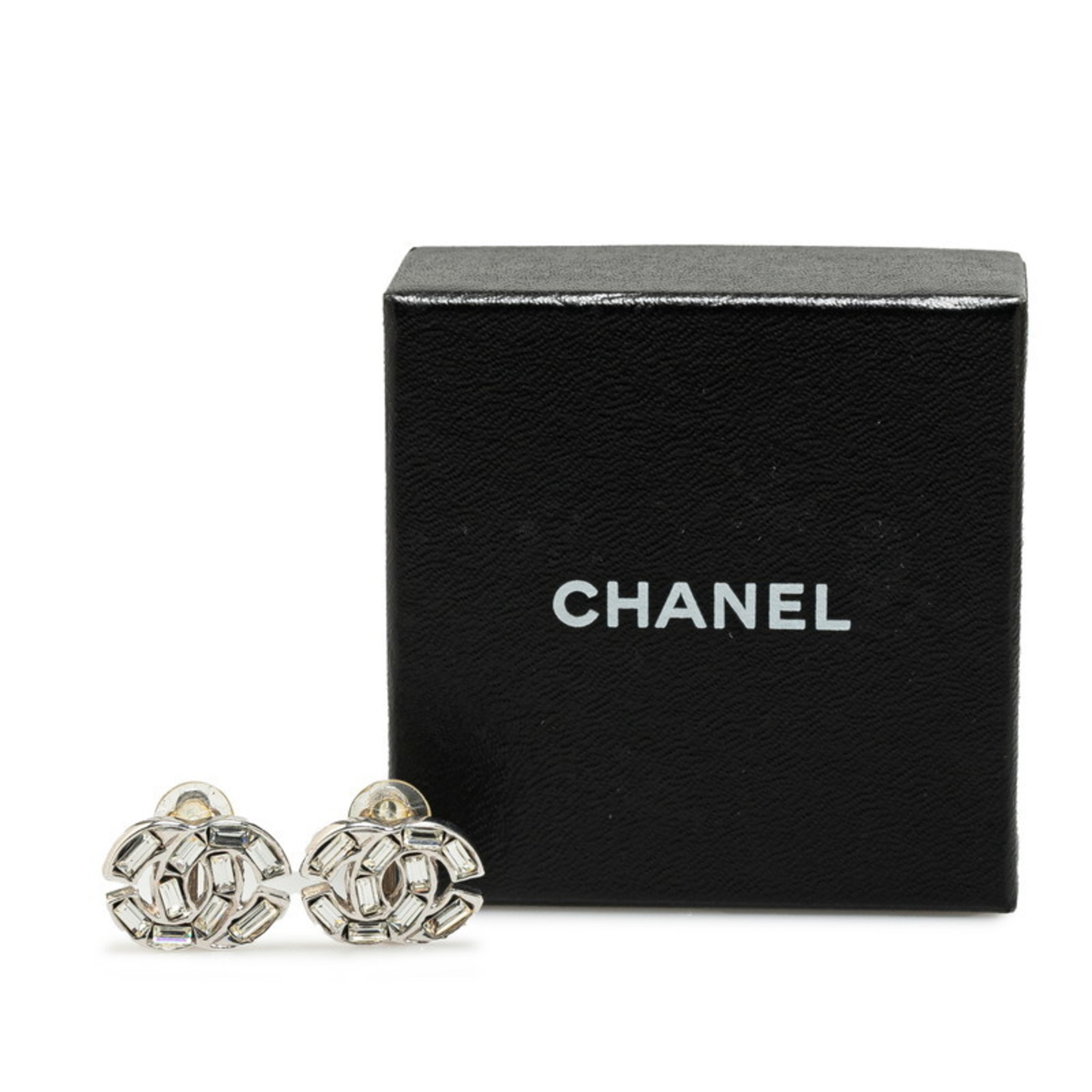 Chanel Coco Mark Rhinestone Bucket Earrings Silver Plated Women's CHANEL