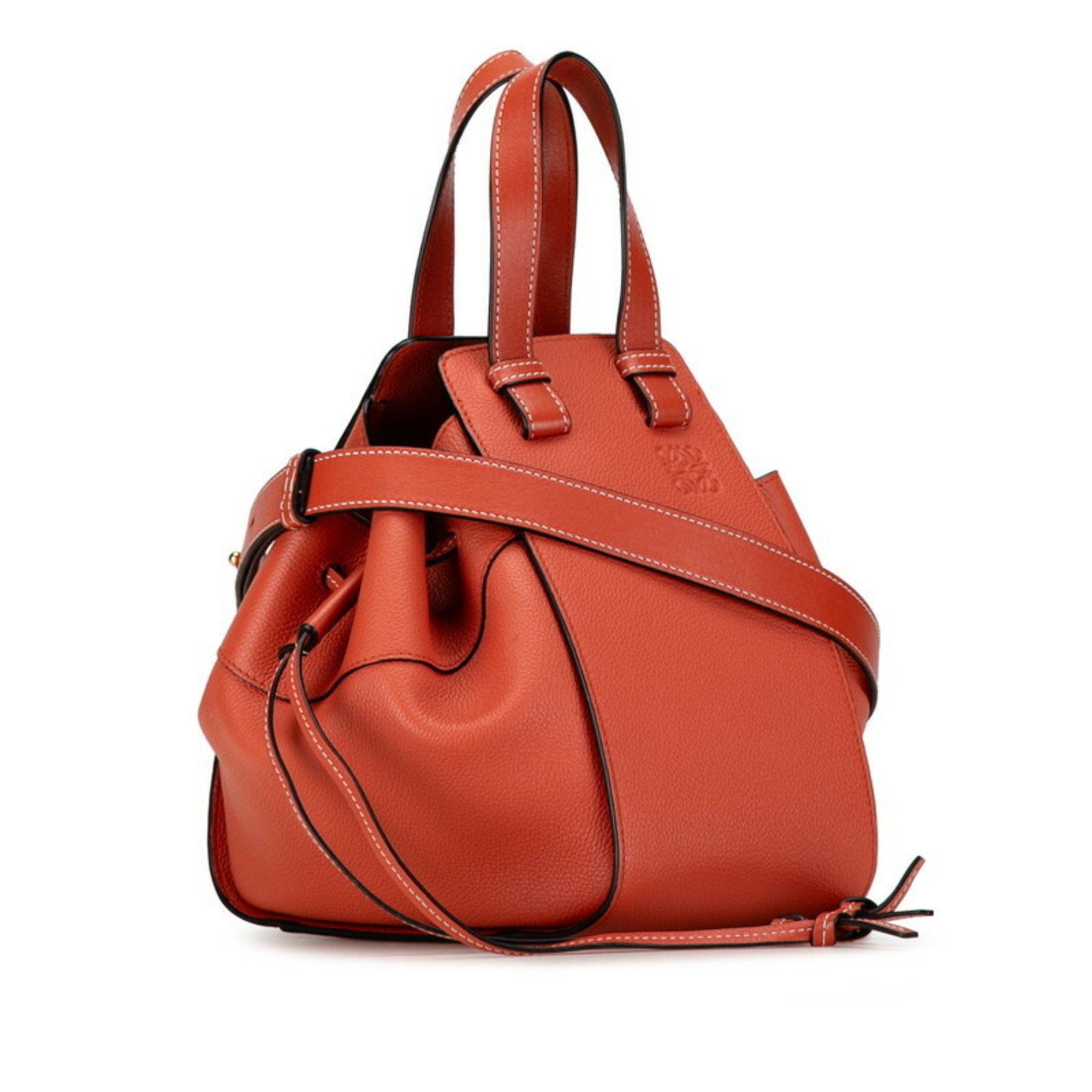 LOEWE Anagram Hammock Drawstring Small Handbag Shoulder Bag Coral Orange Leather Women's