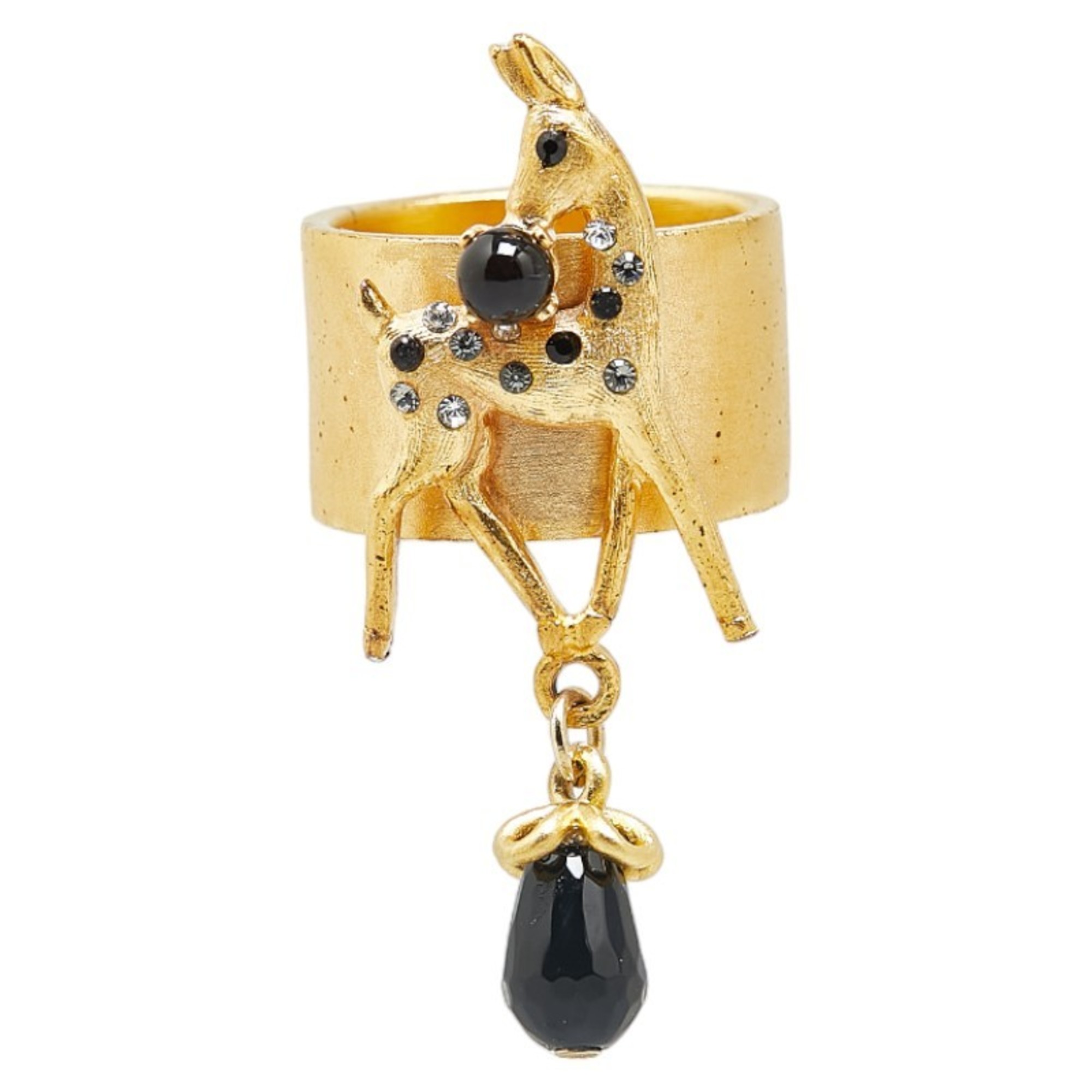 Chanel Rhinestone Deer Bambi Motif Ring Gold Black Plated Women's CHANEL