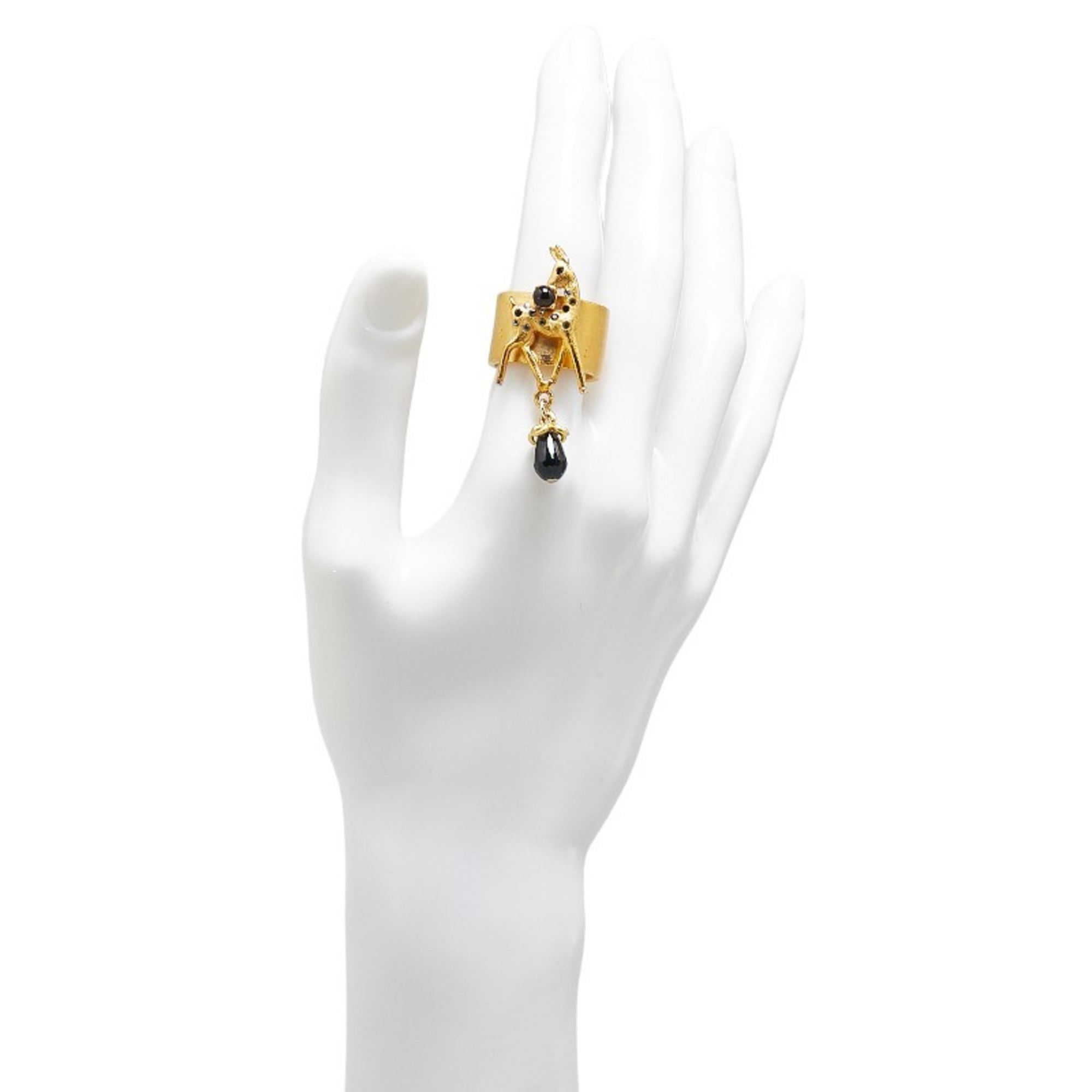 Chanel Rhinestone Deer Bambi Motif Ring Gold Black Plated Women's CHANEL