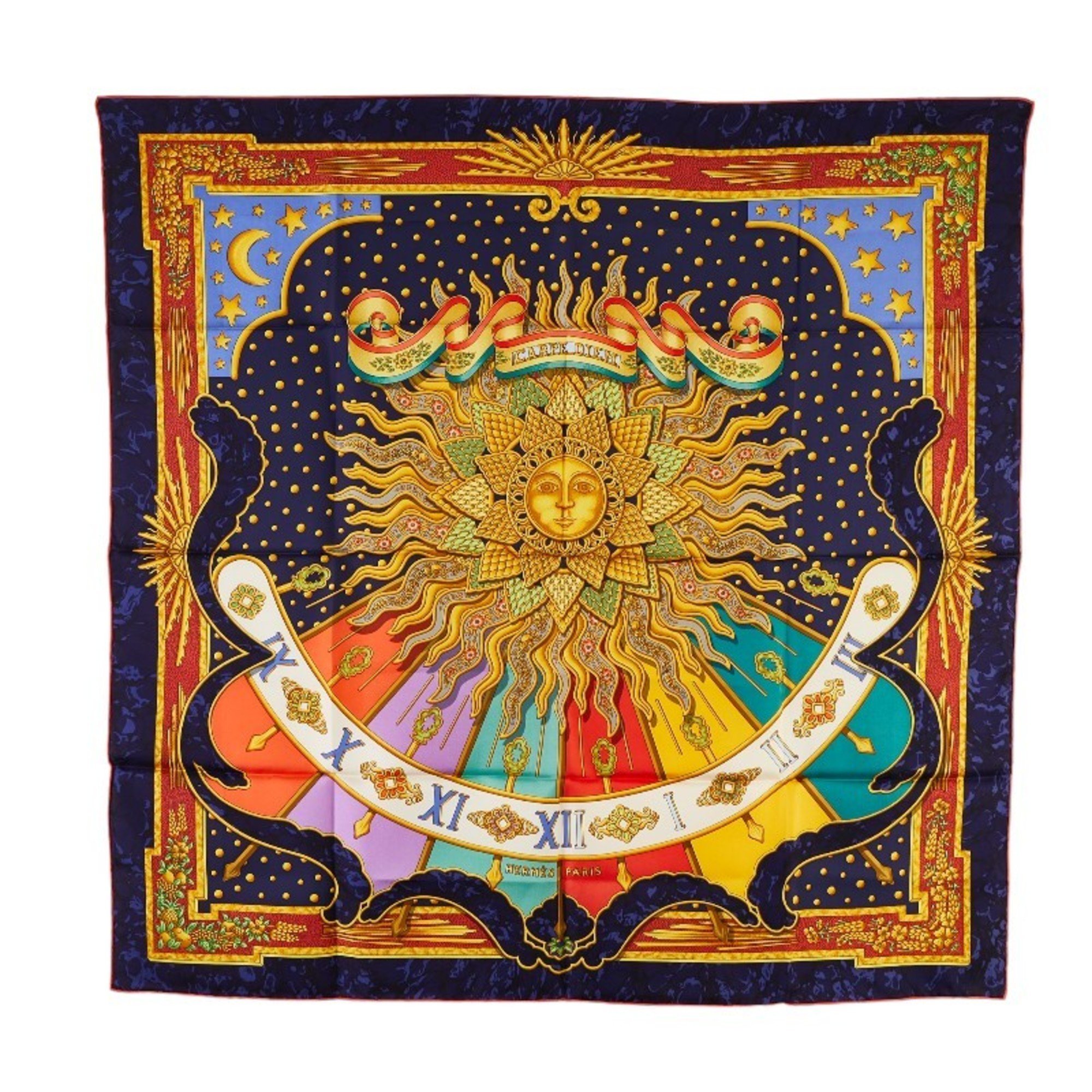 Hermes Carre 90 CARPE DIEM Enjoy Today Sun Moon Stars Scarf Muffler Blue Multicolor Silk Women's HERMES